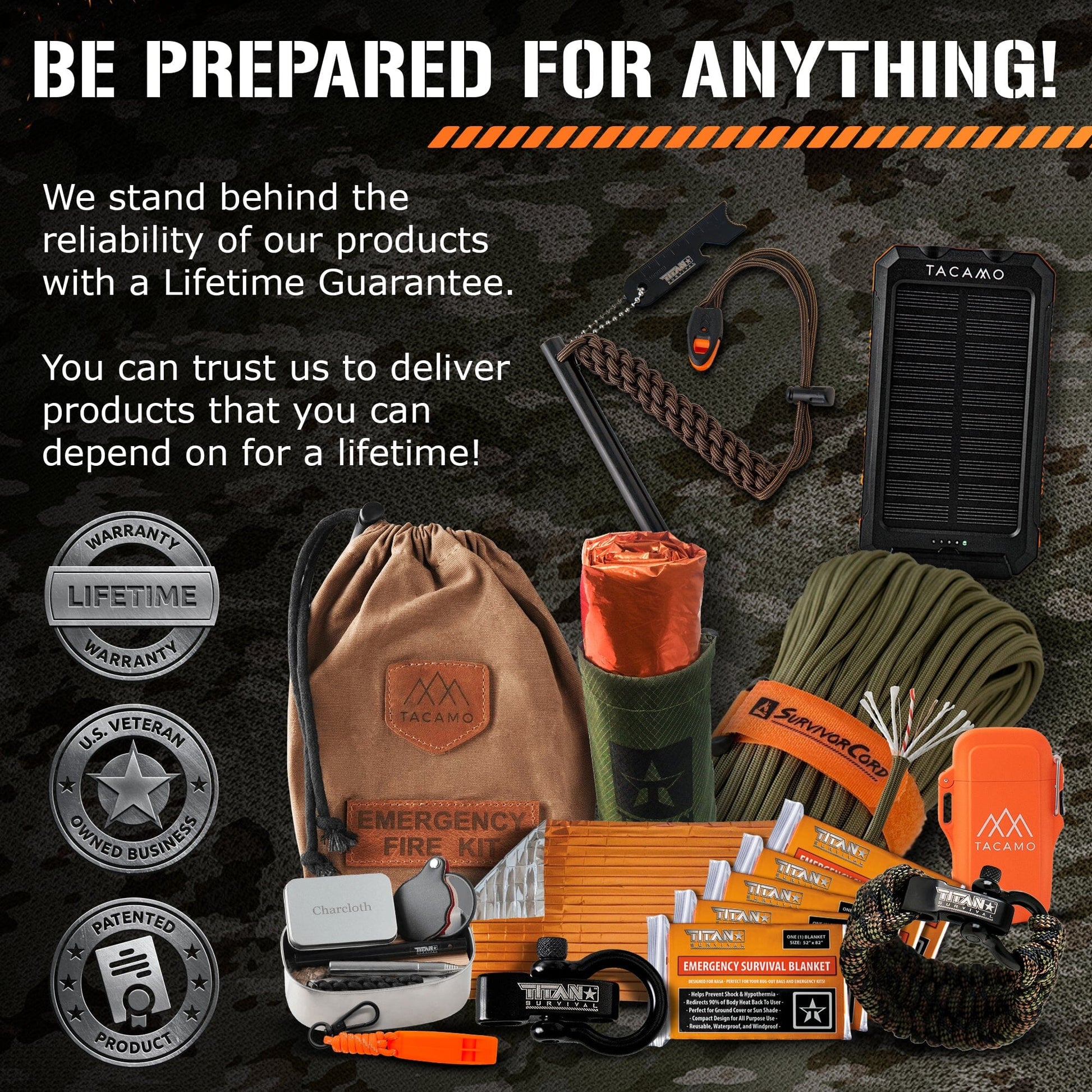 TITAN Survival 2-Pack Emergency Survival Whistles with SurvivorCord® Lanyard shown on camouflage, highlighted for durability and backed by a lifetime guarantee.