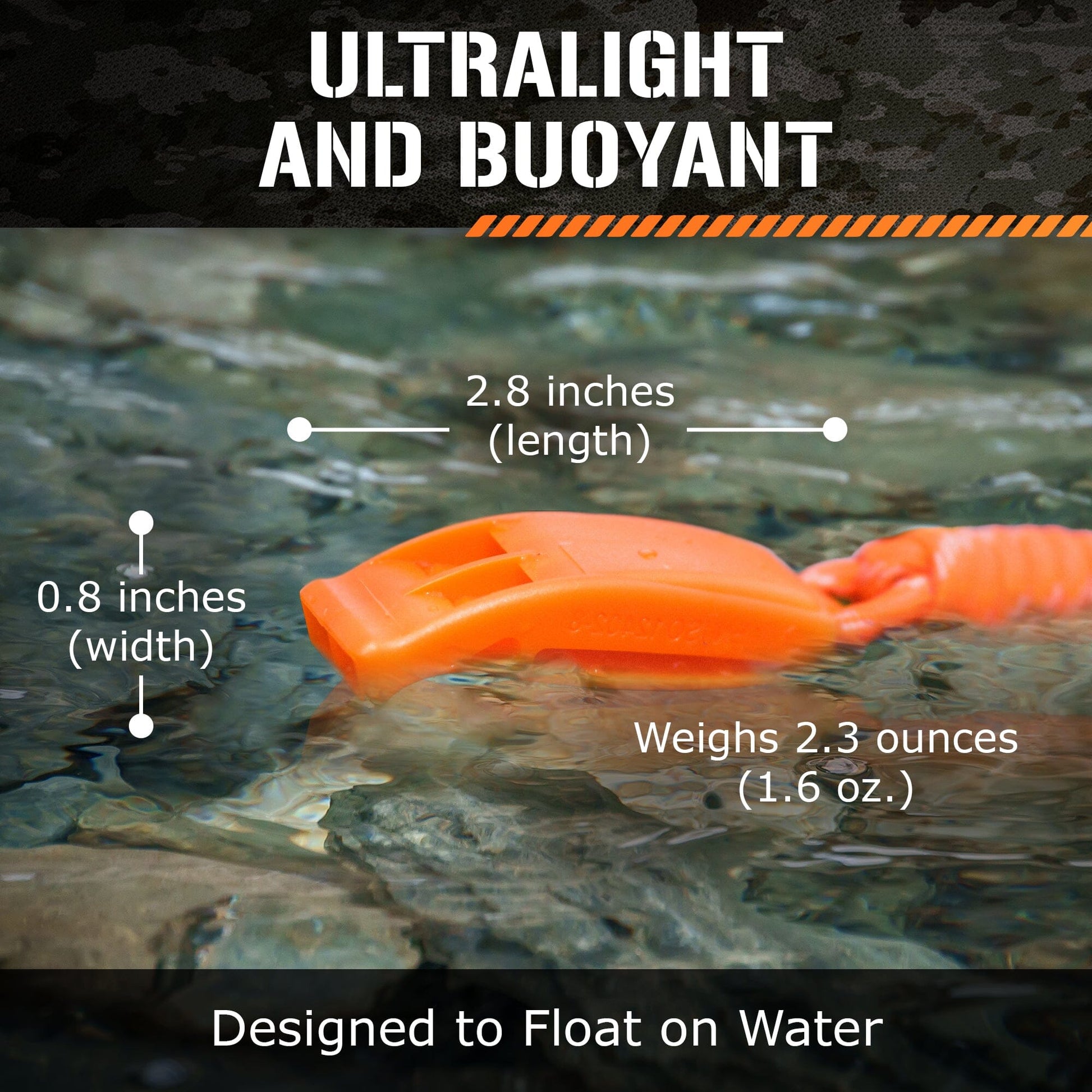 The TITAN Survival 2-Pack Emergency Survival Whistles w/ SurvivorCord® Lanyard are ultralight (2.3 oz), buoyant, and float on water. Each orange whistle measures 2.8 x 0.8. Bold background reads: Ultralight and Buoyant.