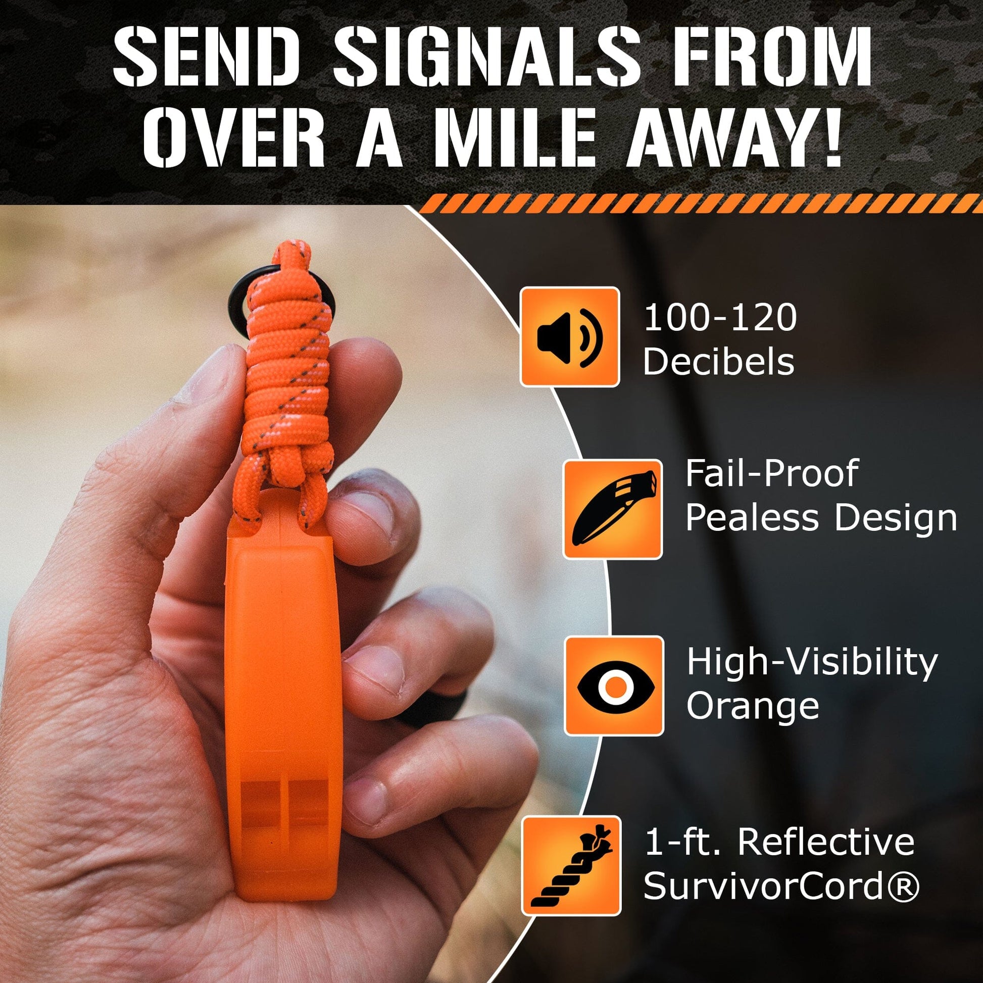 A hand holds a TITAN Survival 2-Pack Emergency Survival Whistles w/ SurvivorCord® Lanyard in bright orange. Features: 100-120 decibels, fail-proof pealess design, high-vis color, and 1-ft reflective cord. Signals heard over a mile away!.