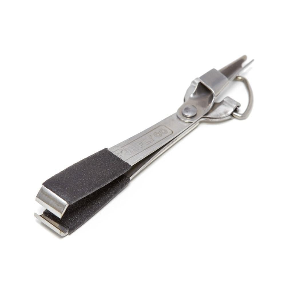 A close-up of a metal and black foam hackle plier tool from Jackson Hole Fly Company, part of the Flat Creek Rod Combo Kit – 90 5WT, Ready for the River, shown on a white background.