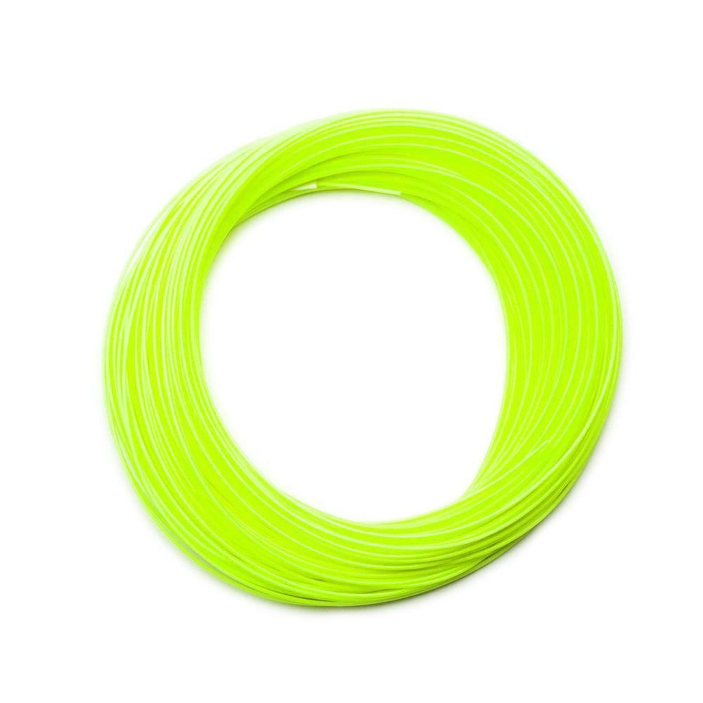 A coiled loop of neon yellow line is neatly arranged in a circle on a white background, evoking the organized look of Jackson Hole Fly Company’s Flat Creek Rod Combo Kit – 90 5WT, Ready for the River.