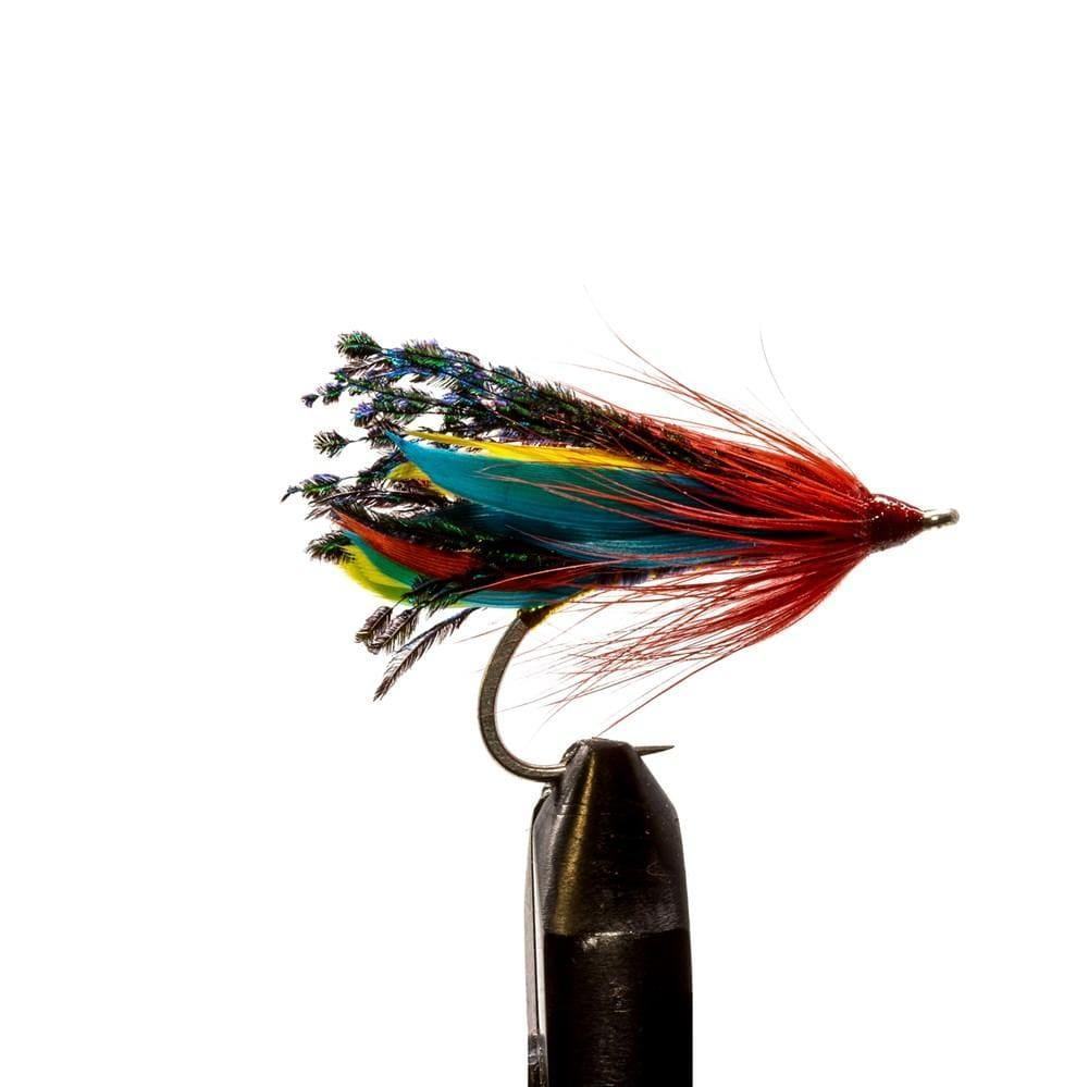 The Jackson Hole Fly Company JHFLYCO Loaded Foam Fly Box – Redfish Assortment features colorful hand-tied flies with red, blue, yellow, and black feathers, secured on hooks and photographed against a white background—perfect for redfish.
