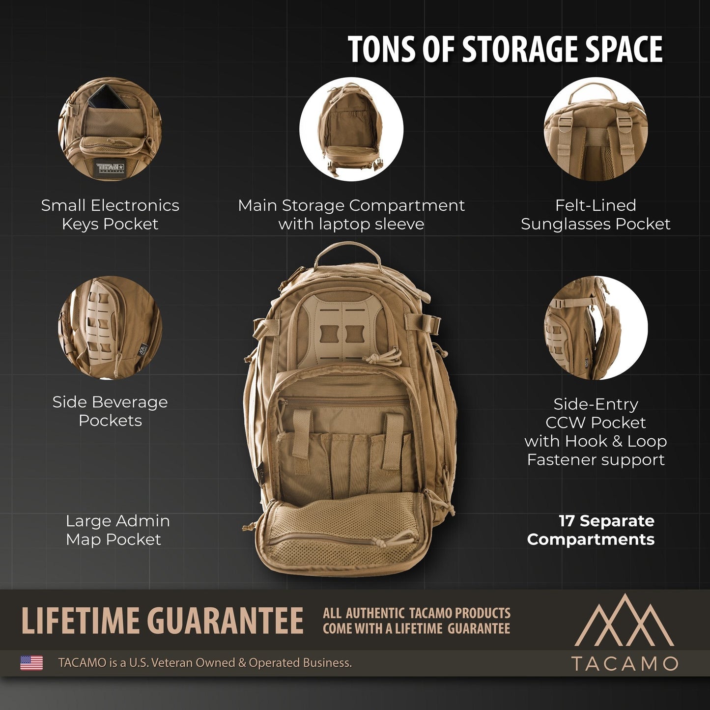 The TITAN Survival TACAMO GH35 35L Tactical Backpack offers 17 labeled compartments for keys, laptop, CCW, and more. Waterproof and covered by a lifetime guarantee—ideal as a bug out bag or for daily use. TACAMO branding at the bottom.