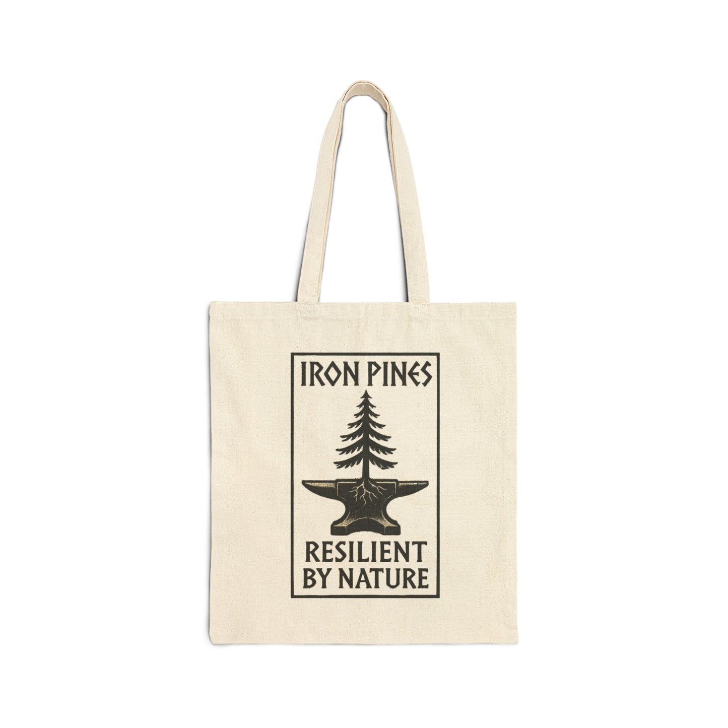 Iron Pines Canvas Tote Bag made from natural cotton canvas with "Resilient by Nature" tree and anvil logo – eco-friendly, durable, and minimalist