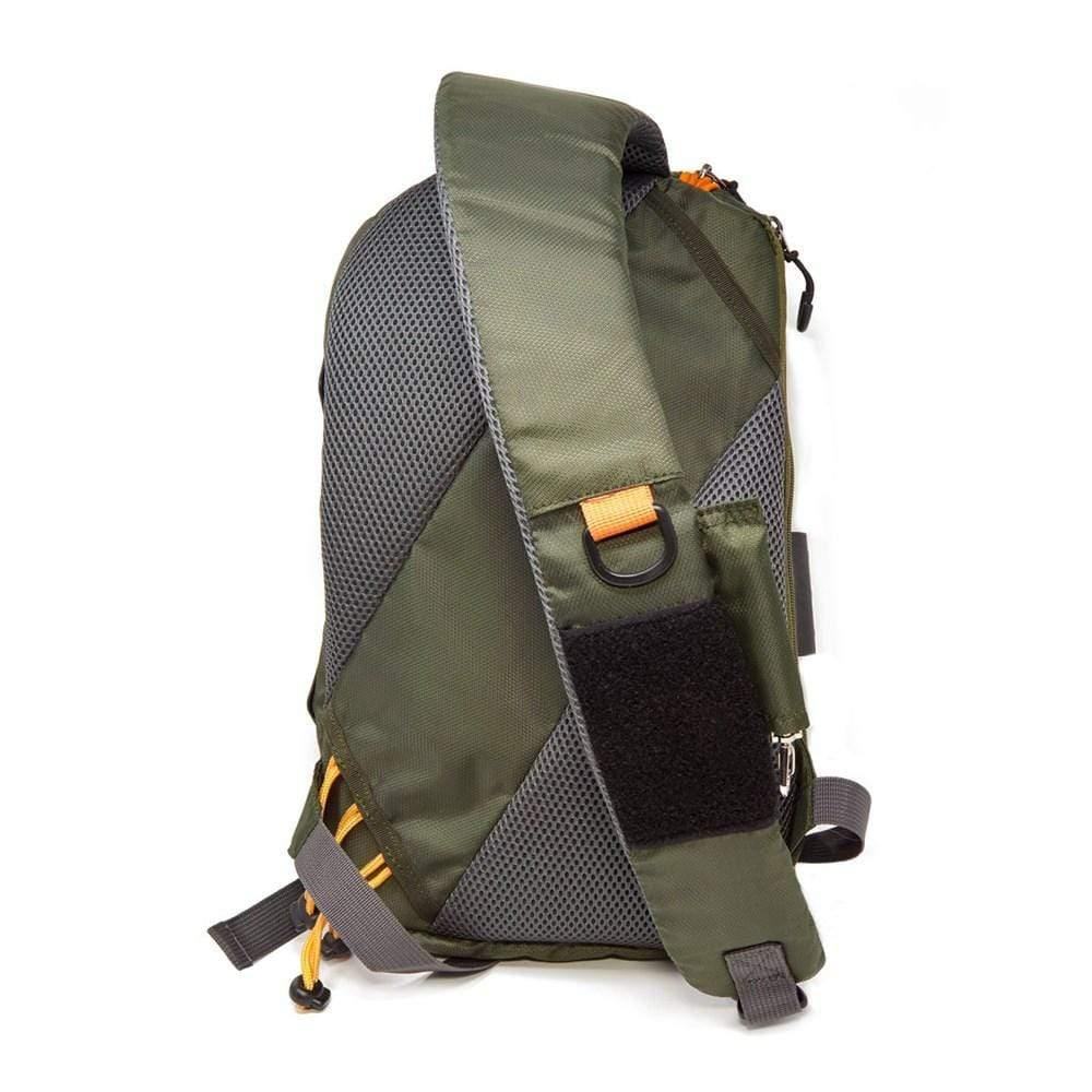 The Jackson Hole Fly Company JHFLYCO 13L Adjustable Sling Pack features green fabric with black and orange accents, mesh panels, multiple straps, and a zipper closure—a water-resistant fishing bag ideal for your next adventure.