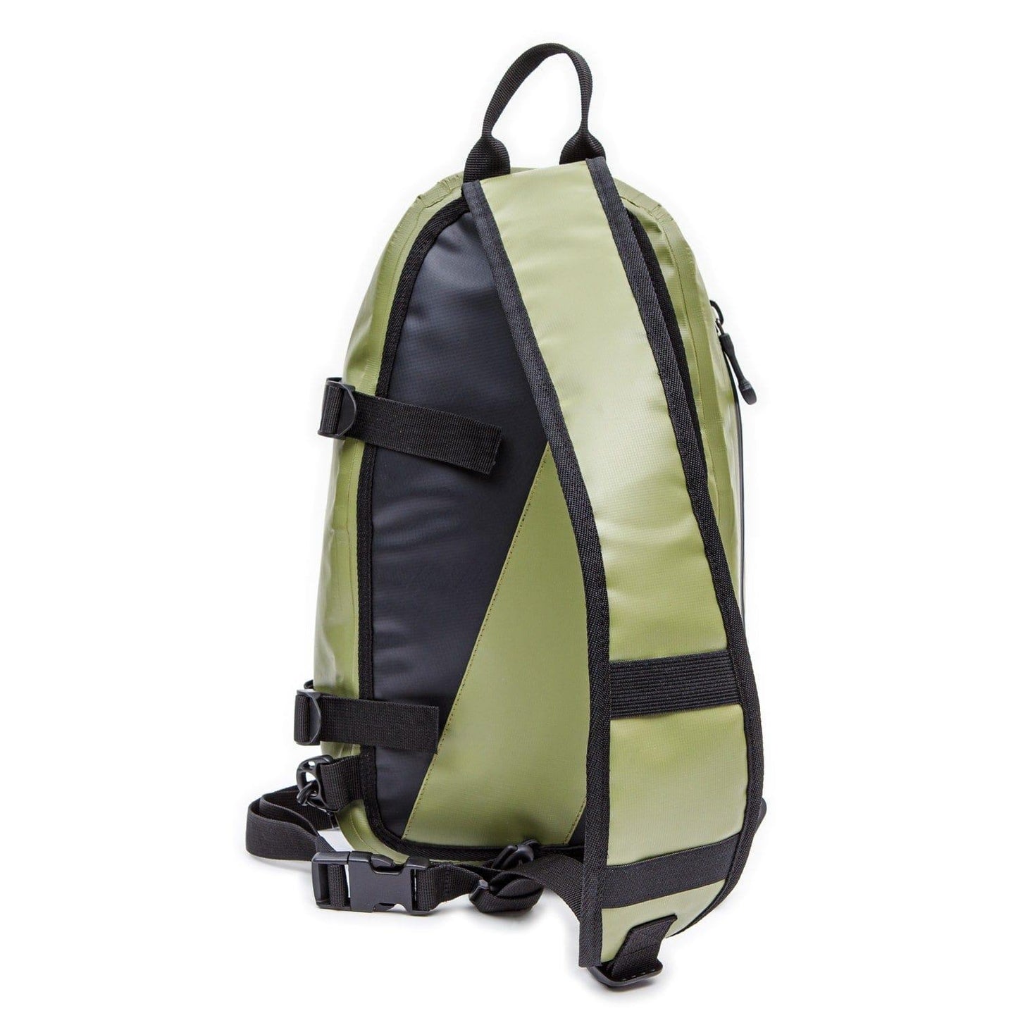 The Jackson Hole Fly Company JHFLYCO 20L Waterproof Sling Pack, green and black with adjustable straps, side buckles, and a top handle, stands upright against a white background. Streamlined for the mission.