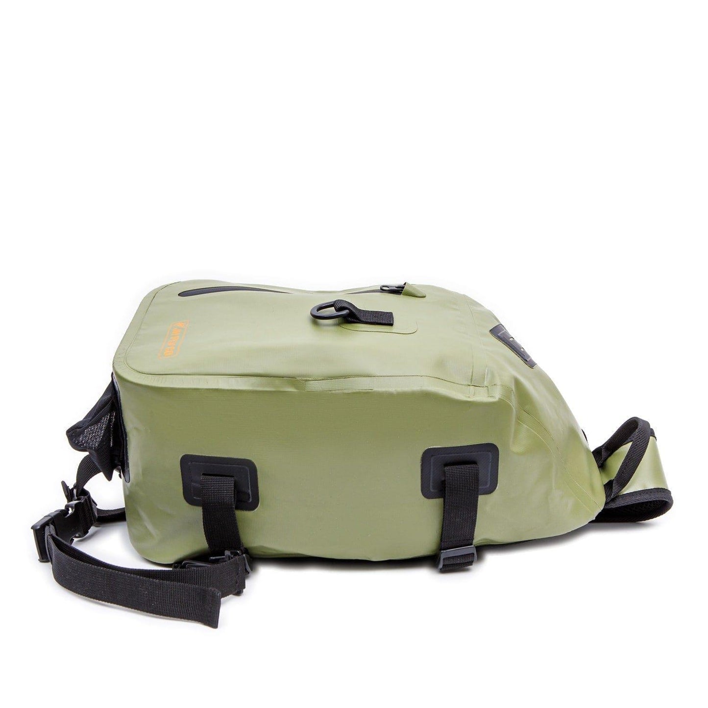 The Jackson Hole Fly Company JHFLYCO 20L Waterproof Sling Pack, in light green with black straps, buckles, and a top zipper, is shown streamlined and lying on its side against a white background.