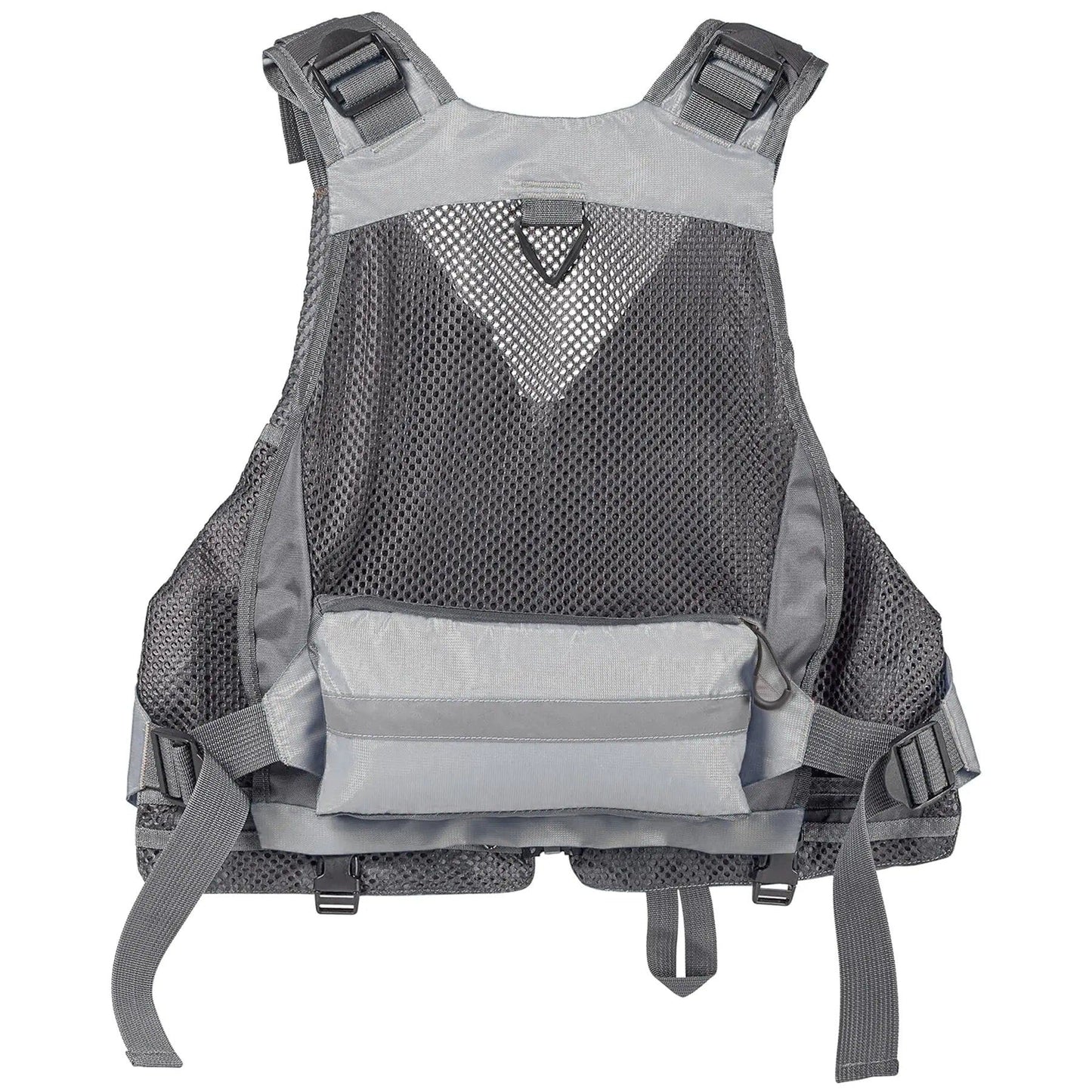 The JHFLYCO Adjustable Mesh Fishing Vest by Jackson Hole Fly Company features gray mesh, shoulder and waist straps, a front zippered pocket, and reinforced stitching—ideal for outdoor or tactical fishing use.