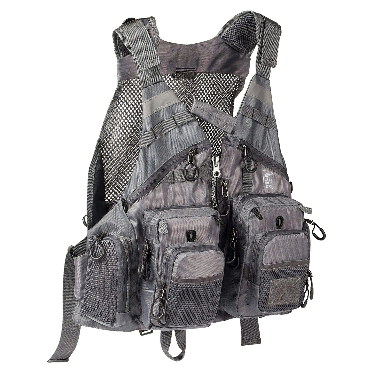 The JHFLYCO Adjustable Mesh Fishing Vest by Jackson Hole Fly Company features multiple zippered pockets, adjustable straps, and breathable mesh panels—ideal for outdoor activities with utility and gear attachment points.