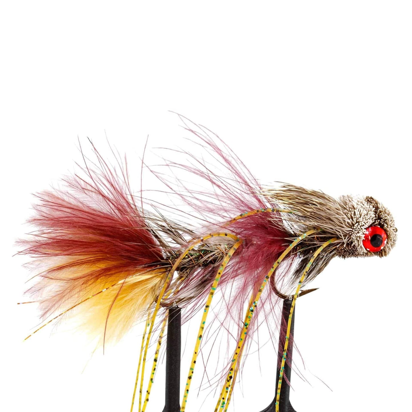The Jackson Hole Fly Company JHFLYCO Loaded Foam Fly Box – Large Streamer Assortment (10 Flies) features vibrant, bushy brown, yellow, and red lures with speckled bodies and red eyes—ideal for fly fishing and safe storage.