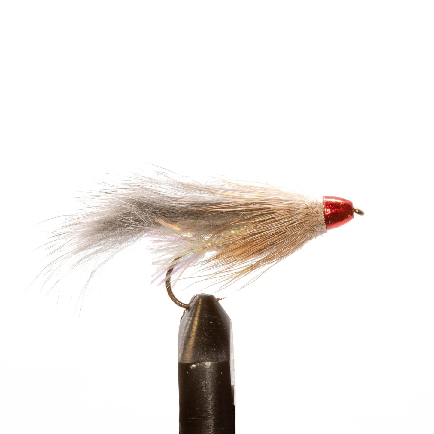 The JHFLYCO Loaded Foam Fly Box by Jackson Hole Fly Company features 10 large streamer flies, including a gray and tan fur lure with a shiny red head and iridescent strands, shown upright in a vise against a white background.