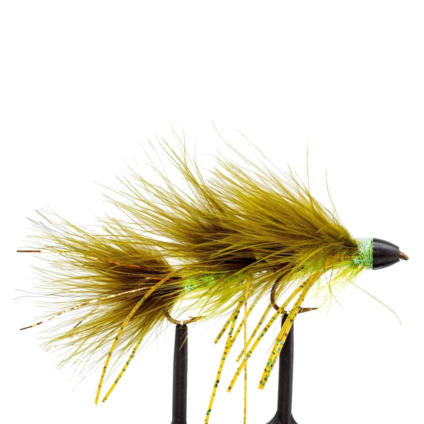 The Jackson Hole Fly Companys JHFLYCO Loaded Foam Fly Box – Large Streamer Assortment includes 10 detailed predator flies with olive green marabou, segmented bodies, yellow rubber legs, and black bead heads, displayed on a white background.