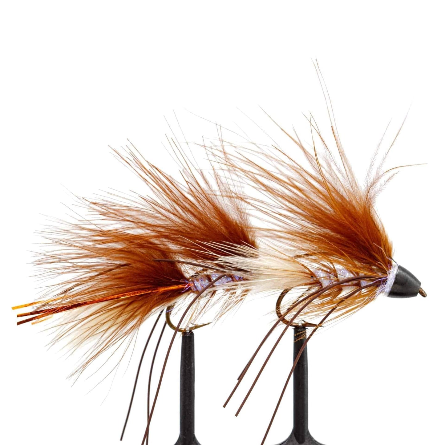 The Jackson Hole Fly Company JHFLYCO Loaded Foam Fly Box features 10 large streamer flies with feathered tails and segmented bodies, shown side by side against a white background.