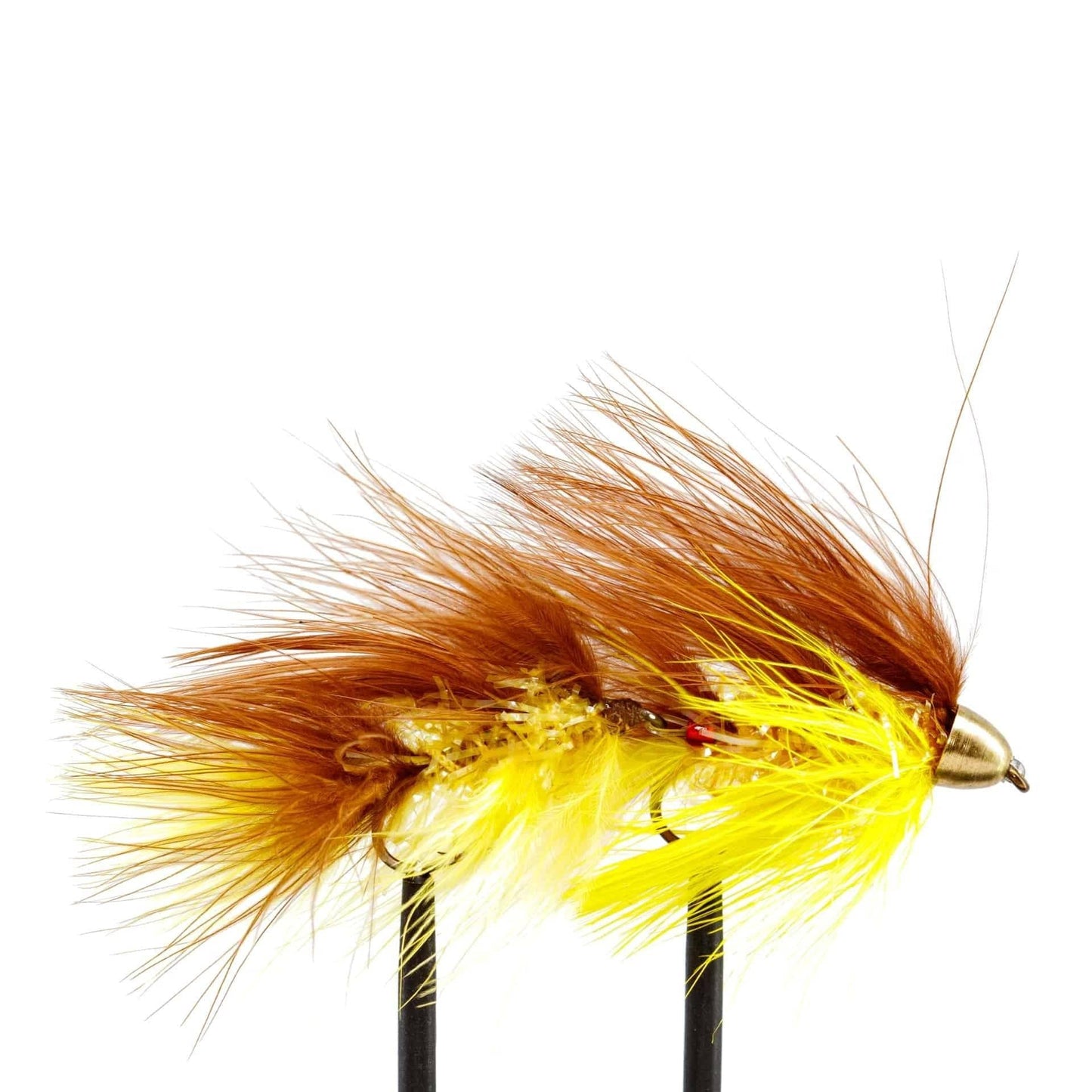 A close-up of a JHFLYCO Loaded Foam Fly Box – Large Streamer Assortment (10 Flies) by Jackson Hole Fly Company shows a fishing fly with brown and yellow feathers, gold accents, and a bead head on a black hook against a white background.