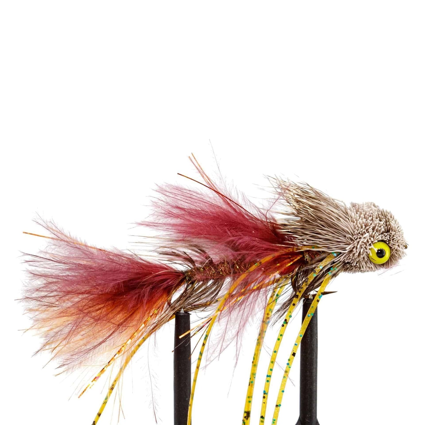 A close-up of the JHFLYCO Loaded Foam Fly Box – Medium Streamer Assortment by Jackson Hole Fly Company, featuring a colorful streamer with a maroon and brown tail, yellow-black striped legs, and a bright yellow eye, on a white background.