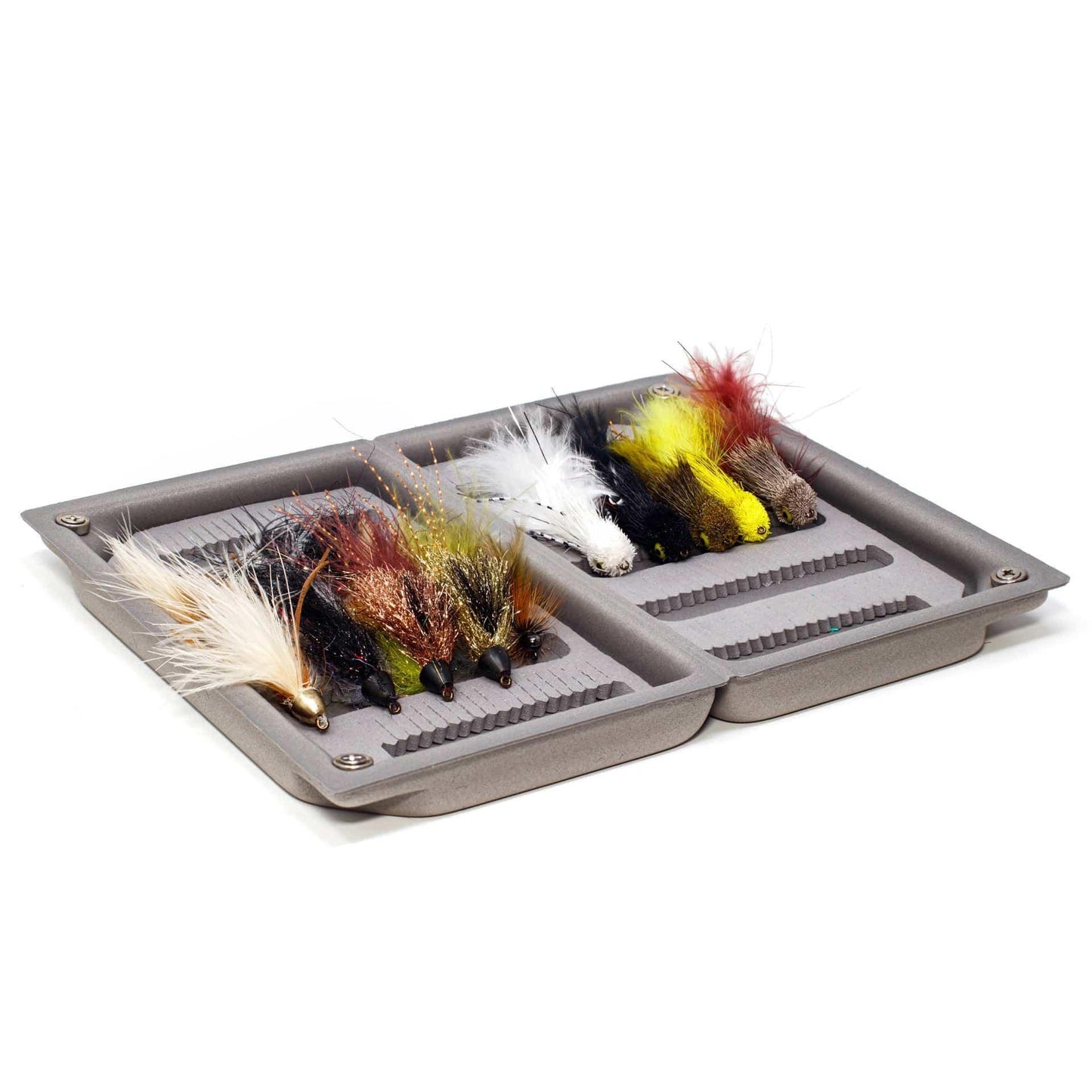 The JHFLYCO Loaded Foam Fly Box by Jackson Hole Fly Company features two compartments with assorted colorful streamers—ideal for trout fishing in white, brown, yellow, black, and orange hues.