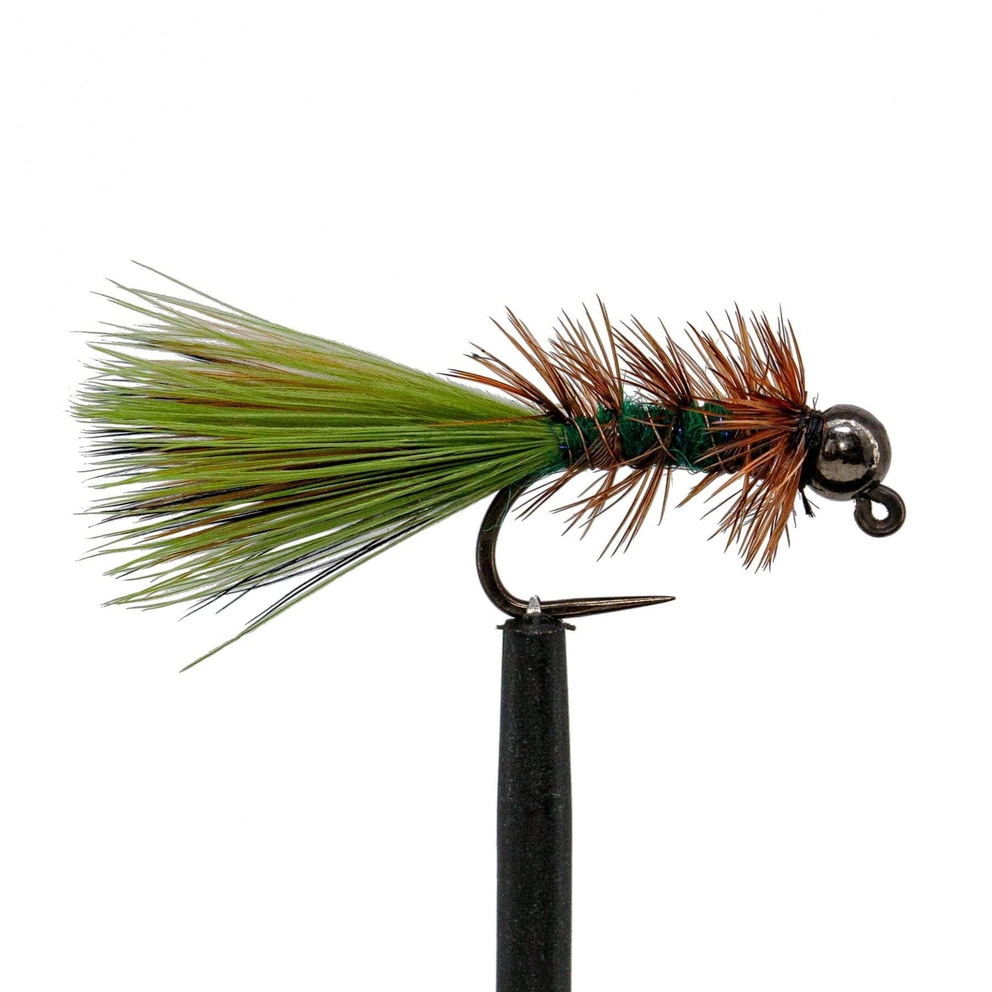 A close-up of a Jackson Hole Fly Company JHFLYCO Loaded Foam Fly Box – Medium Streamer Assortment artificial fly with a green tail, brown-green body, and metallic bead head on a hook—ideal for trout or your foam fly box.