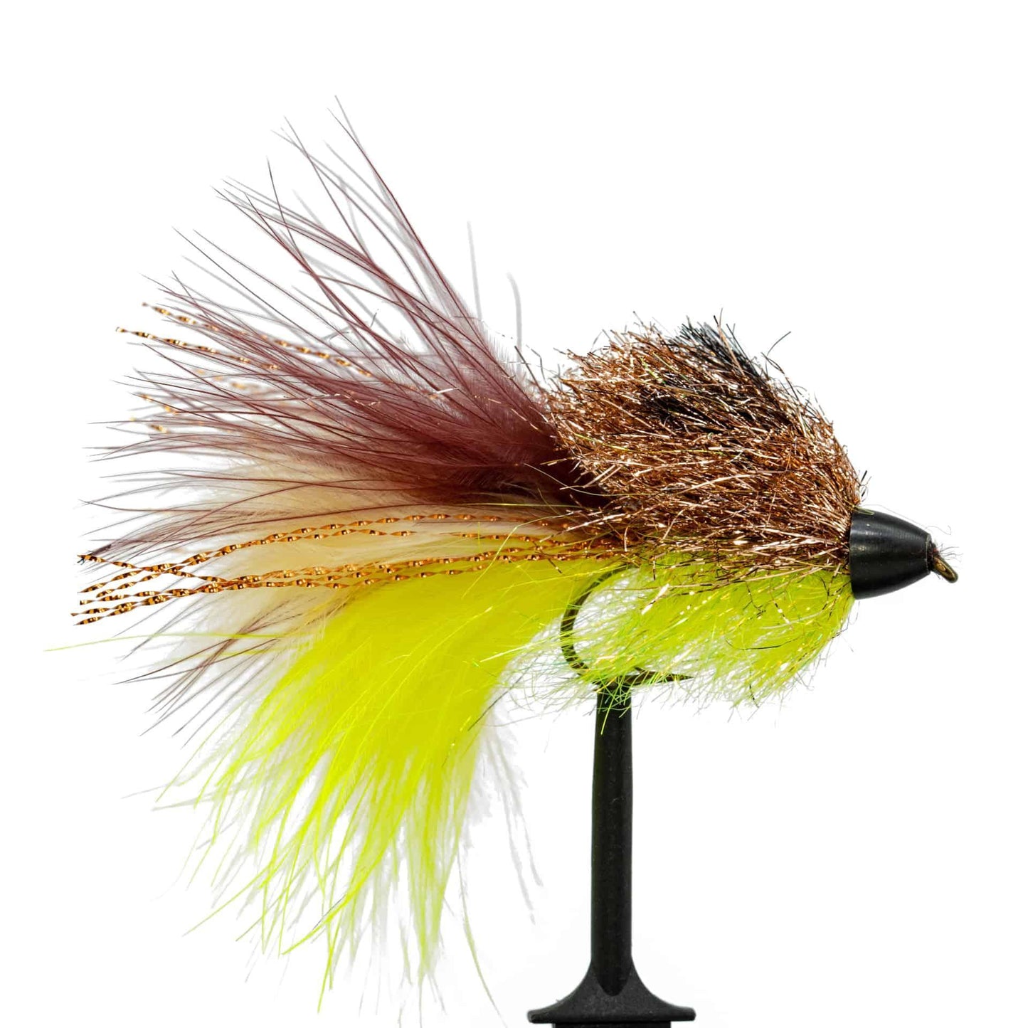 A close-up of a JHFLYCO Loaded Foam Fly Box – Medium Streamer Assortment by Jackson Hole Fly Company, featuring colorful trout fishing flies with brown, yellow, and gold fibers on hooks, displayed on a black stand against a white background.
