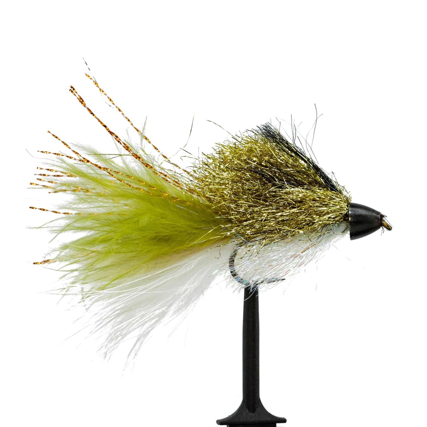 A close-up of a hand-tied fly from the JHFLYCO Loaded Foam Fly Box – Medium Streamer Assortment by Jackson Hole Fly Company, featuring green, white, and gold materials—ideal for trout fishing or expanding your foam fly collection.