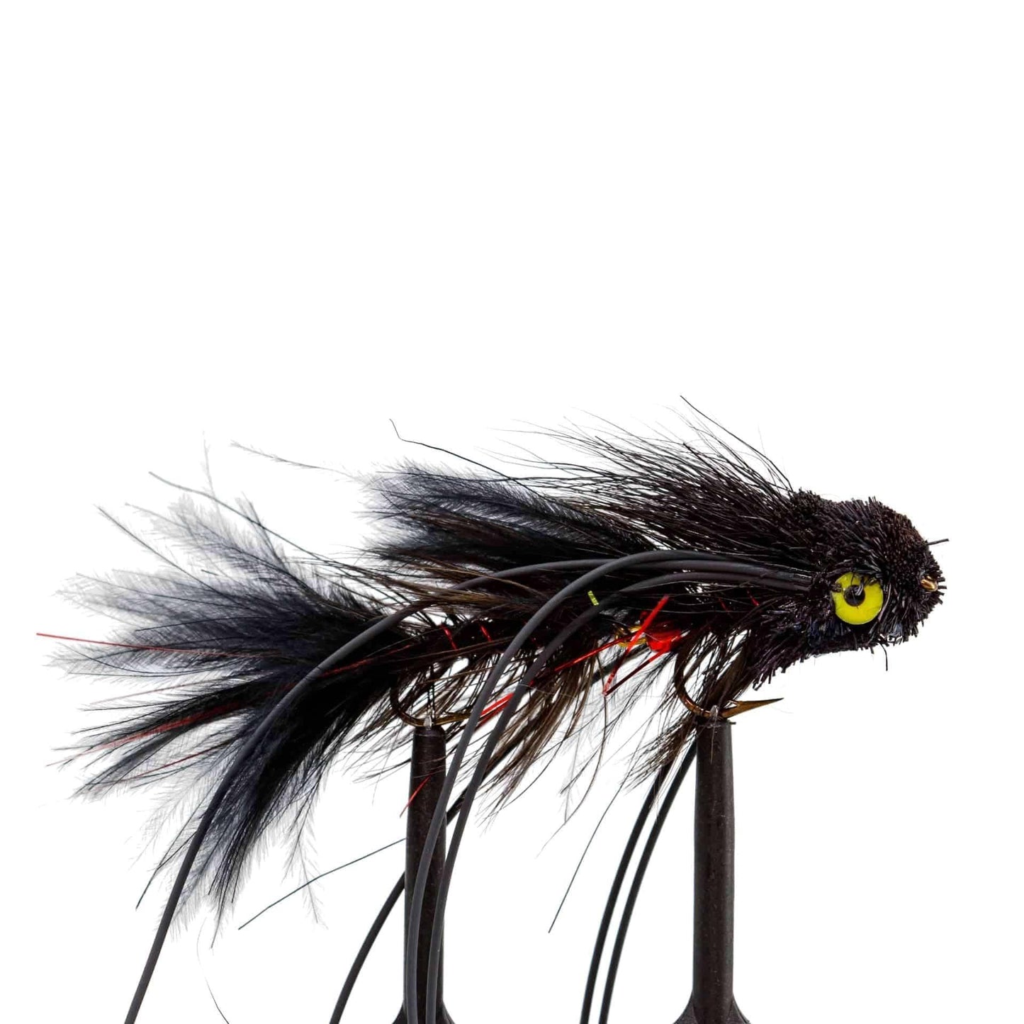 The Jackson Hole Fly Company JHFLYCO Loaded Foam Fly Box - Medium Streamer Assortment features black artificial fly lures with yellow eyes, feathered tails, and rubber legs—ideal for trout fishing and easy storage in your fly box.