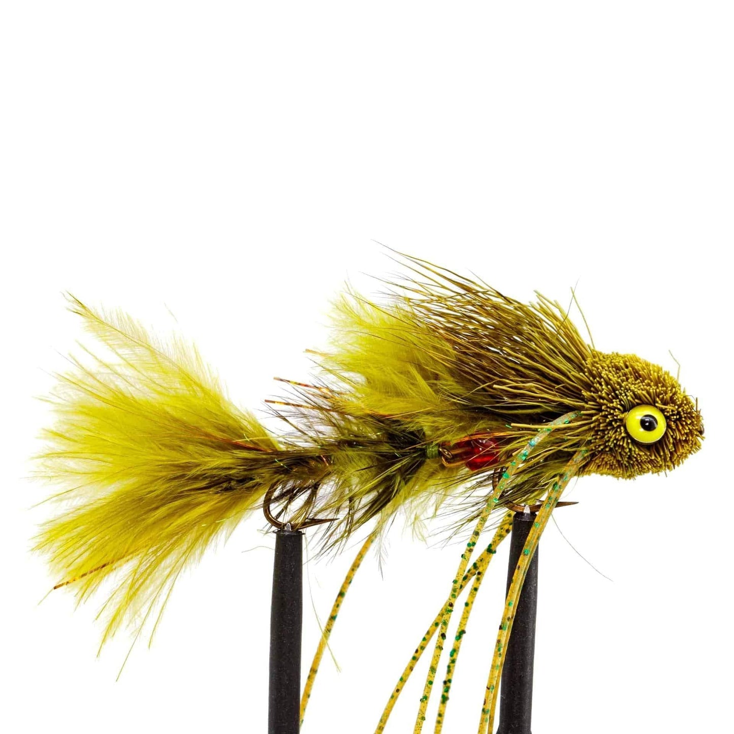 The Jackson Hole Fly Company JHFLYCO Loaded Foam Fly Box – Medium Streamer Assortment features realistic olive-green trout flies with bushy tails, fuzzy bodies, speckled rubber legs, and yellow-black eyes—ideal for your fly fishing collection.