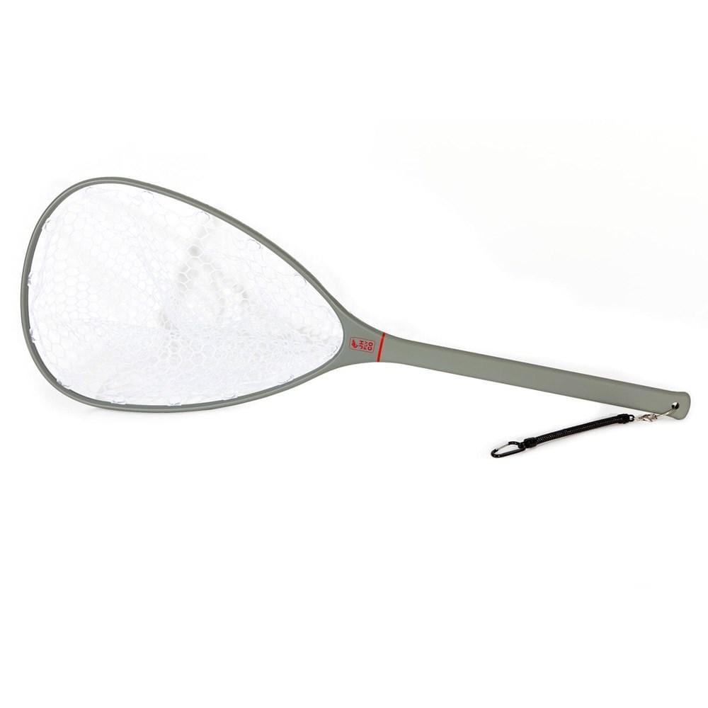 The JHFLYCO Carbon Fiber Landing Net by Jackson Hole Fly Company is a fish-safe, oval fly fishing net with a light gray handle, clear rubber mesh, black strap and clip, plus a small red label for easy ID.