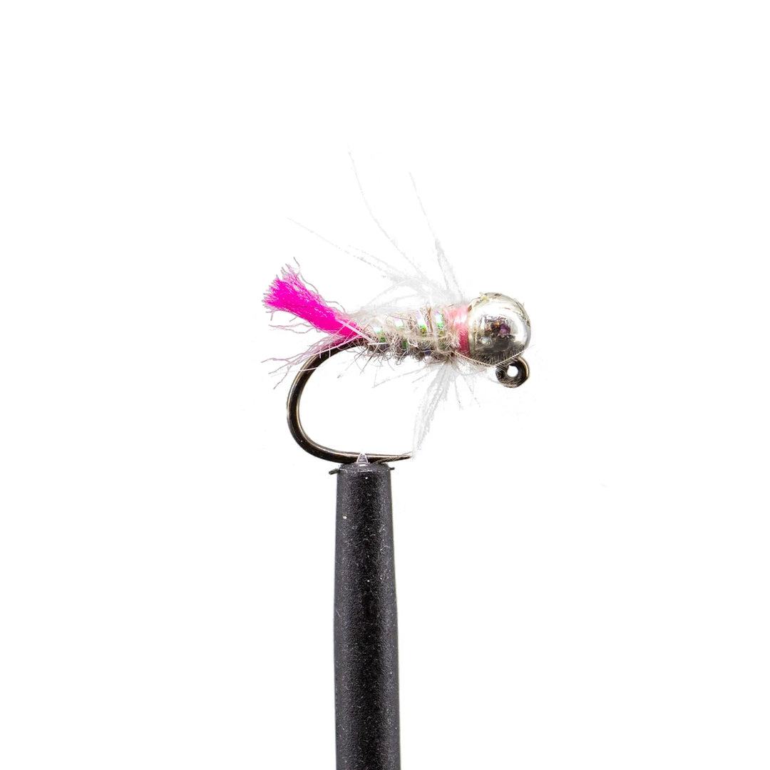 A close-up of a shiny Euro nymph from the Jackson Hole Fly Company JHFLYCO Loaded Foam Fly Box—featuring a metallic beaded head, silver body, pink accent, and white fibers—mounted on a black hook against a white background.