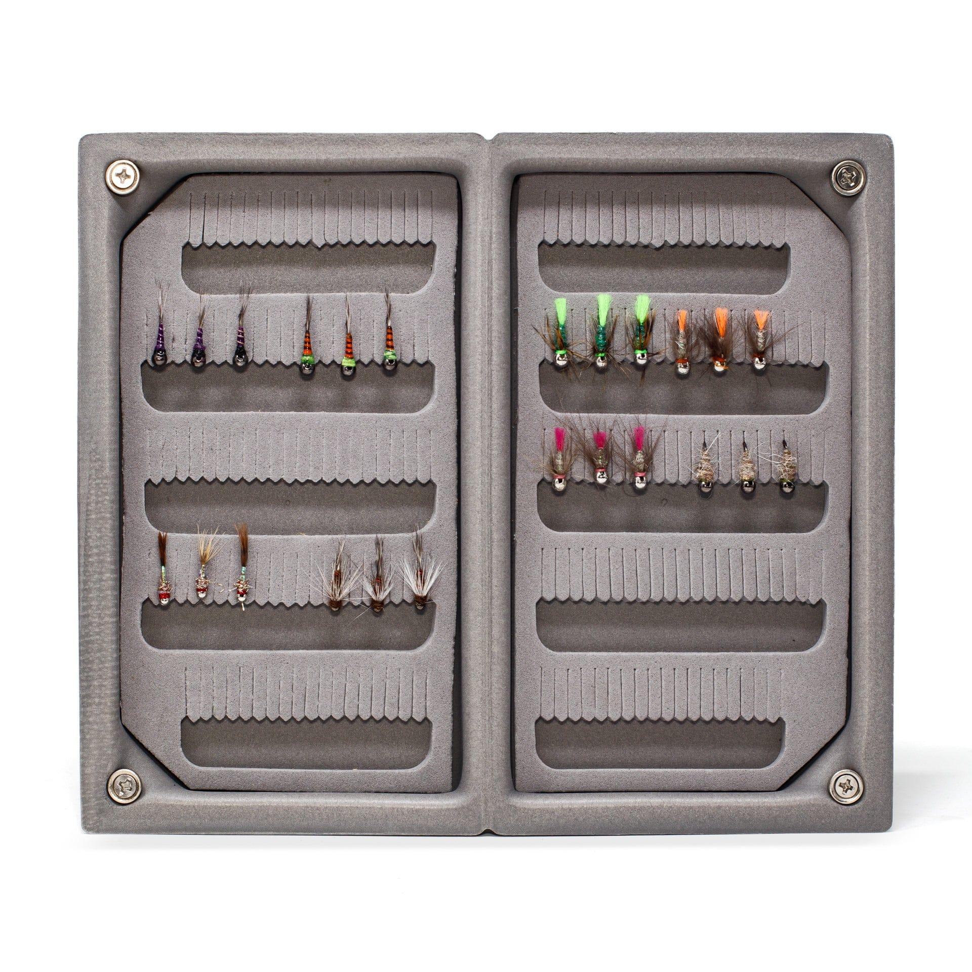The Jackson Hole Fly Company JHFLYCO Loaded Foam Fly Box - Euro Nymph Assortment features multiple colorful Euro jig nymphs (green, orange, pink, brown) neatly organized in two gray foam compartments.