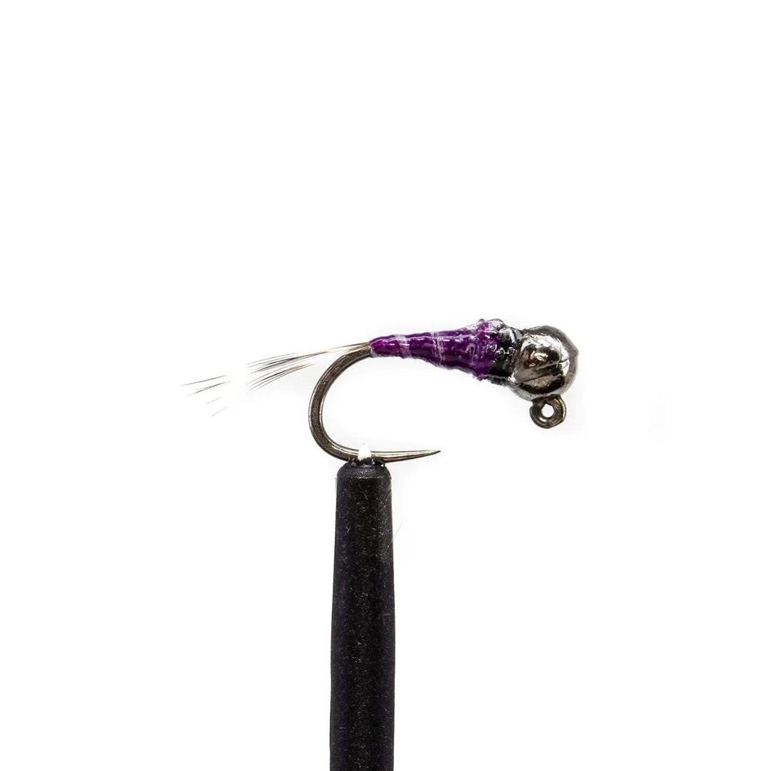 A close-up of a Euro Nymph from the Jackson Hole Fly Company JHFLYCO Loaded Foam Fly Box Assortment, featuring a metallic bead head, curved hook, and purple thread body with white fibers, set against a plain white background.