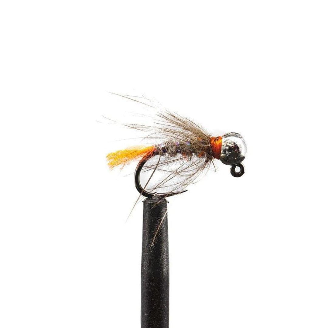 A close-up of a fishing fly from the Jackson Hole Fly Company’s JHFLYCO Loaded Foam Fly Box - Euro Nymph Assortment shows a bead head, fuzzy gray-brown body with orange accent, and black hook—ideal for Euro nymph enthusiasts.