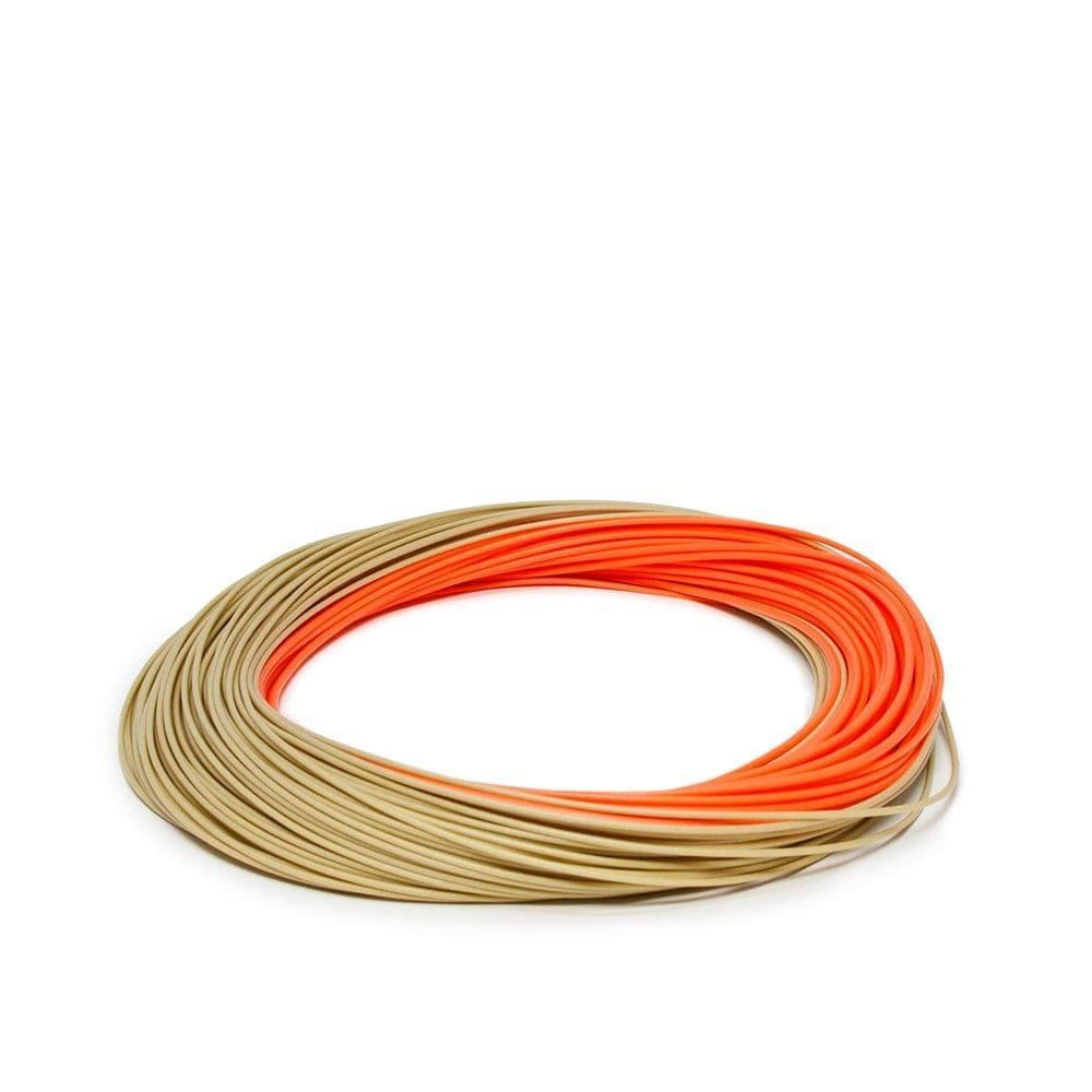 A coiled bundle of mostly tan fishing line with a bright orange section on a white background—ideal for spooling onto your Jackson Hole Fly Company JHFLYCO Euro Nymph Rod Combo Kit, built for precision and engineered to feel everything.