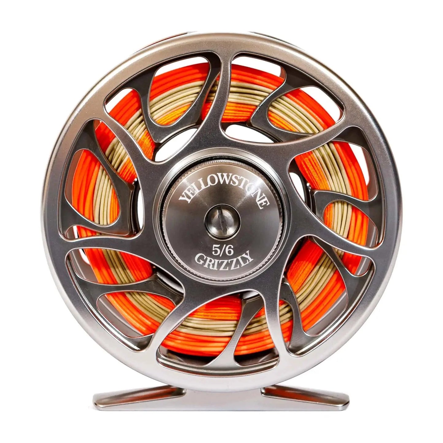 A close-up of the Jackson Hole Fly Company JHFLYCO Euro Nymph Rod Combo Kit, built for precision and feel, showcasing metallic spokes and orange and tan fishing line neatly wound around the spool.
