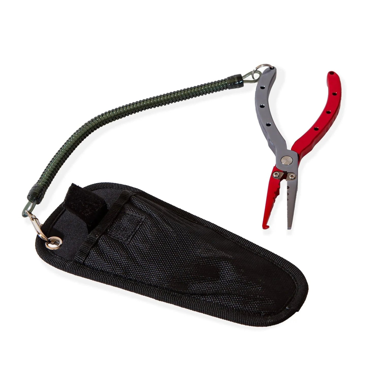 The Jackson Hole Fly Company JHFLYCO Fishing Pliers, featuring red and gray aluminum handles, a tungsten steel cutter, and coiled lanyard, are shown beside a black Velcro-flap fabric sheath.
