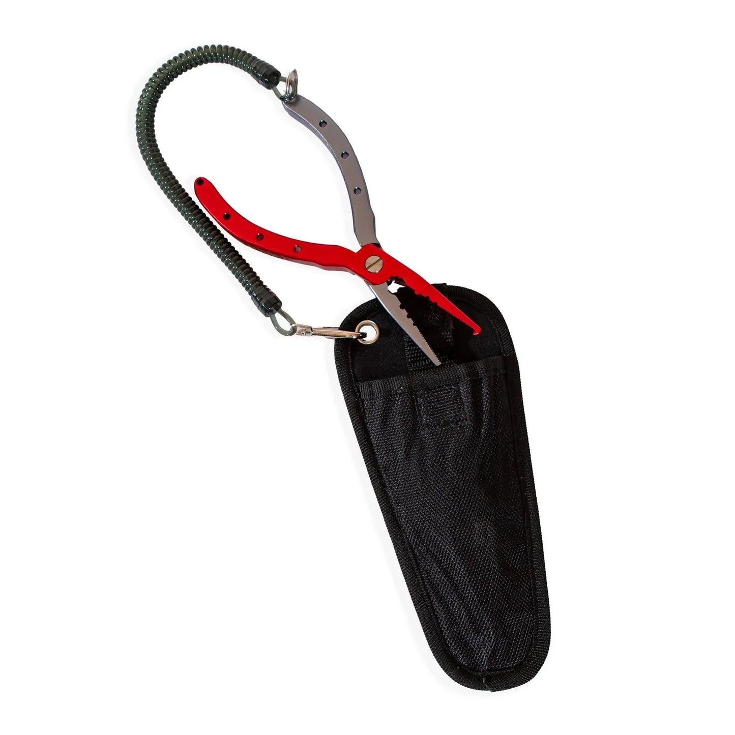 The Jackson Hole Fly Company JHFLYCO Fishing Pliers feature corrosion-resistant aluminum, red handles, a tungsten steel cutter, coiled lanyard, and come with a black nylon sheath for storage.