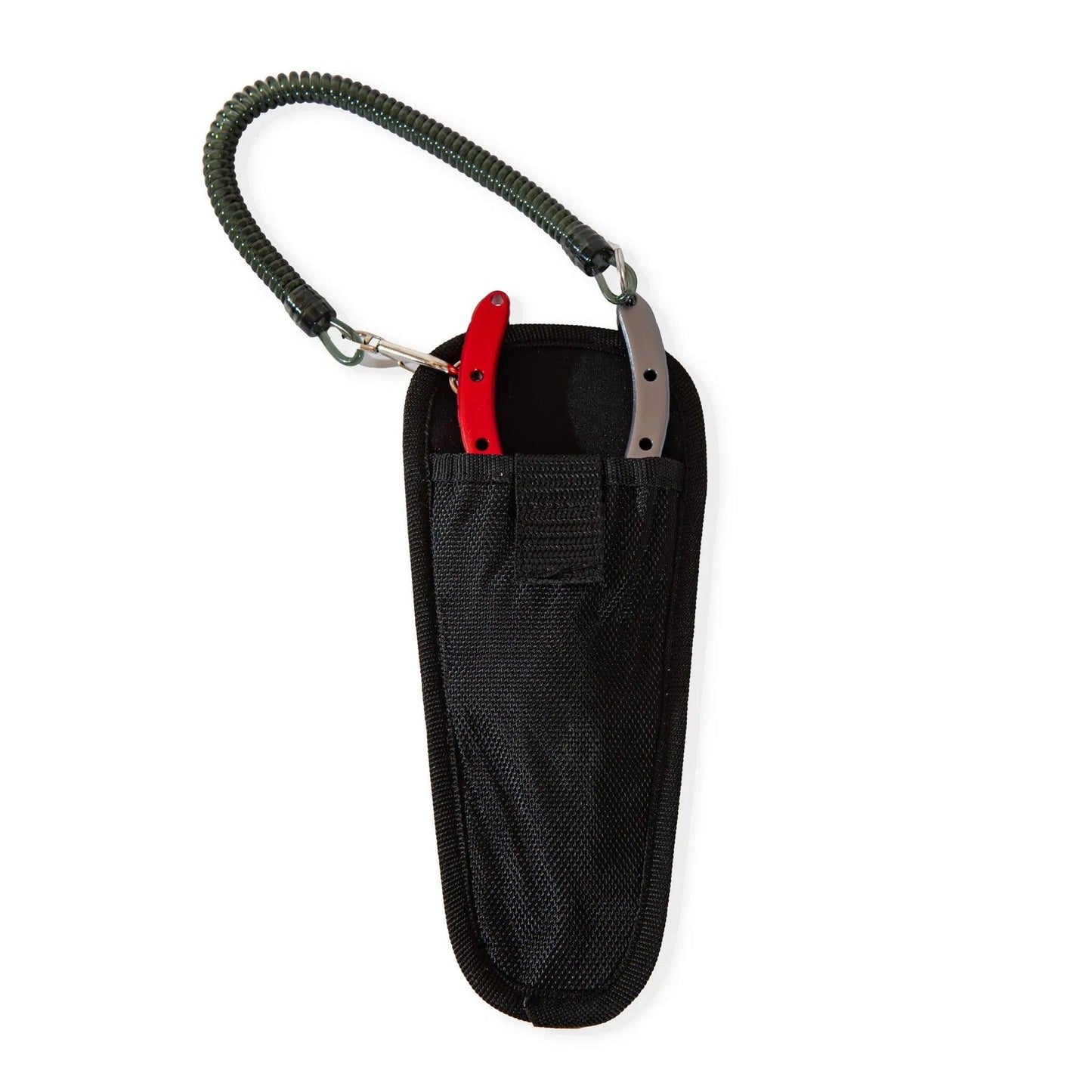 A black fabric holster with a coiled lanyard holds corrosion-resistant red and gray Jackson Hole Fly Company JHFLYCO Fishing Pliers, partially visible in the pocket.