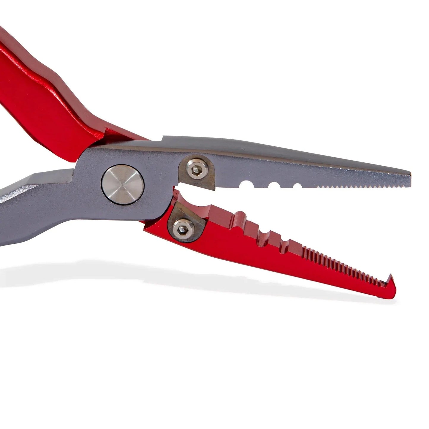 A close-up of Jackson Hole Fly Company JHFLYCO Fishing Pliers featuring corrosion-resistant, multi-purpose design with red and silver handles and serrated, notched jaws, isolated on a white background.