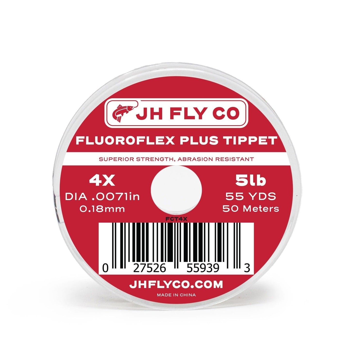 The JHFLYCO Loaded Foam Fly Box – Hopper Dropper Assortment by Jackson Hole Fly Company includes 50m 4X Fluoroflex Tippet (5 lb, 0.18 mm), perfect for trout fishing—features a red and white spool with barcode and jhflyco.com.