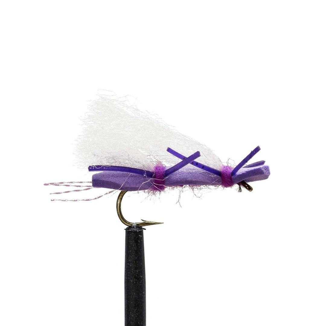 A close-up of a purple foam fly from the Jackson Hole Fly Company JHFLYCO Loaded Foam Fly Box – Hopper Dropper Assortment, which also includes 50m 4X Fluoroflex Tippet, shown on a plain white background.
