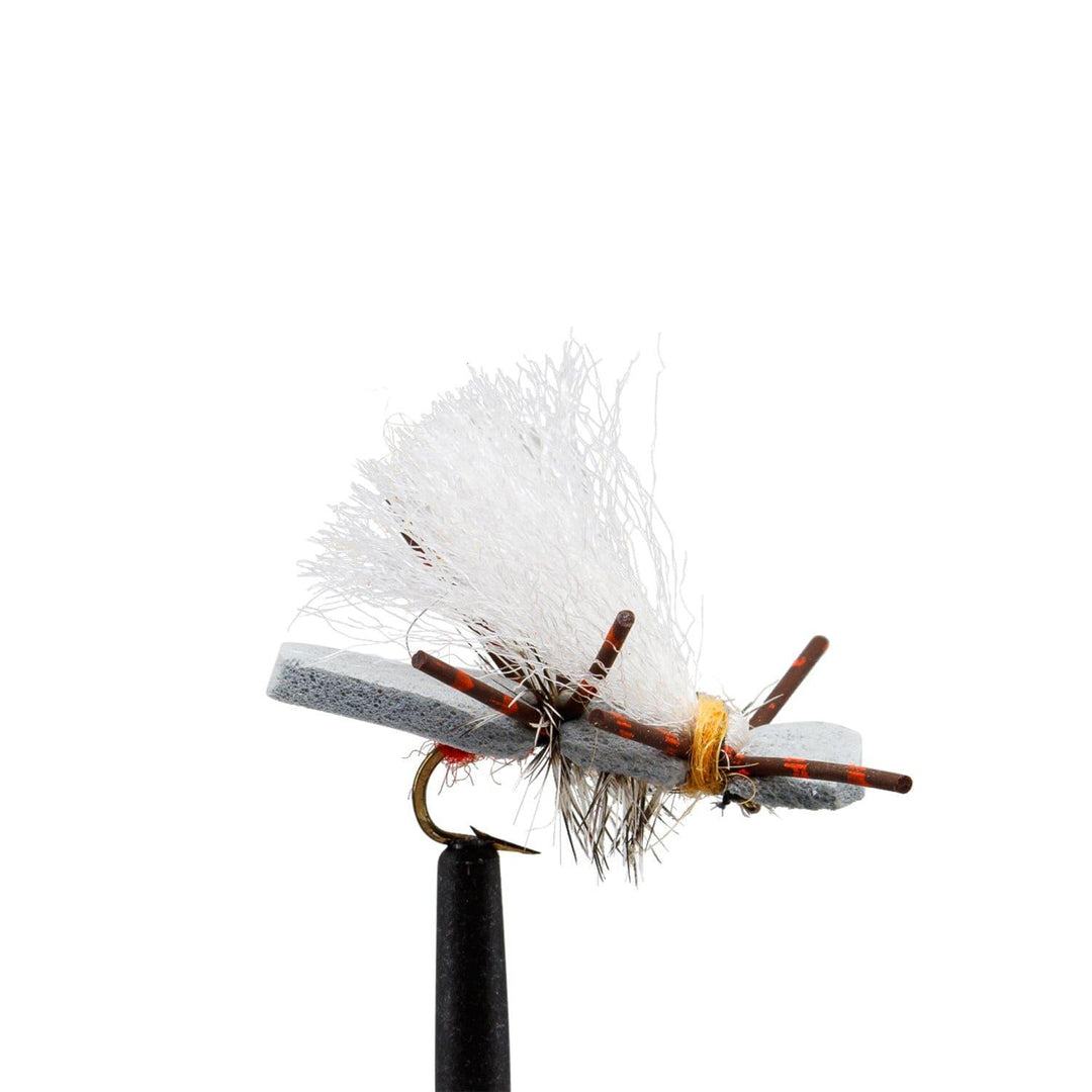 A close-up of the Jackson Hole Fly Company JHFLYCO Loaded Foam Fly Box Hopper Dropper Assortment lure, featuring a gray foam body, brown and orange legs, white synthetic fibers on top, and a gold hook against a white background.
