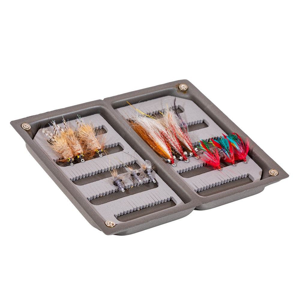 The Jackson Hole Fly Company JHFLYCO Loaded Foam Fly Box - Redfish Assortment features a variety of popular saltwater fly patterns, neatly organized in rows inside the box.
