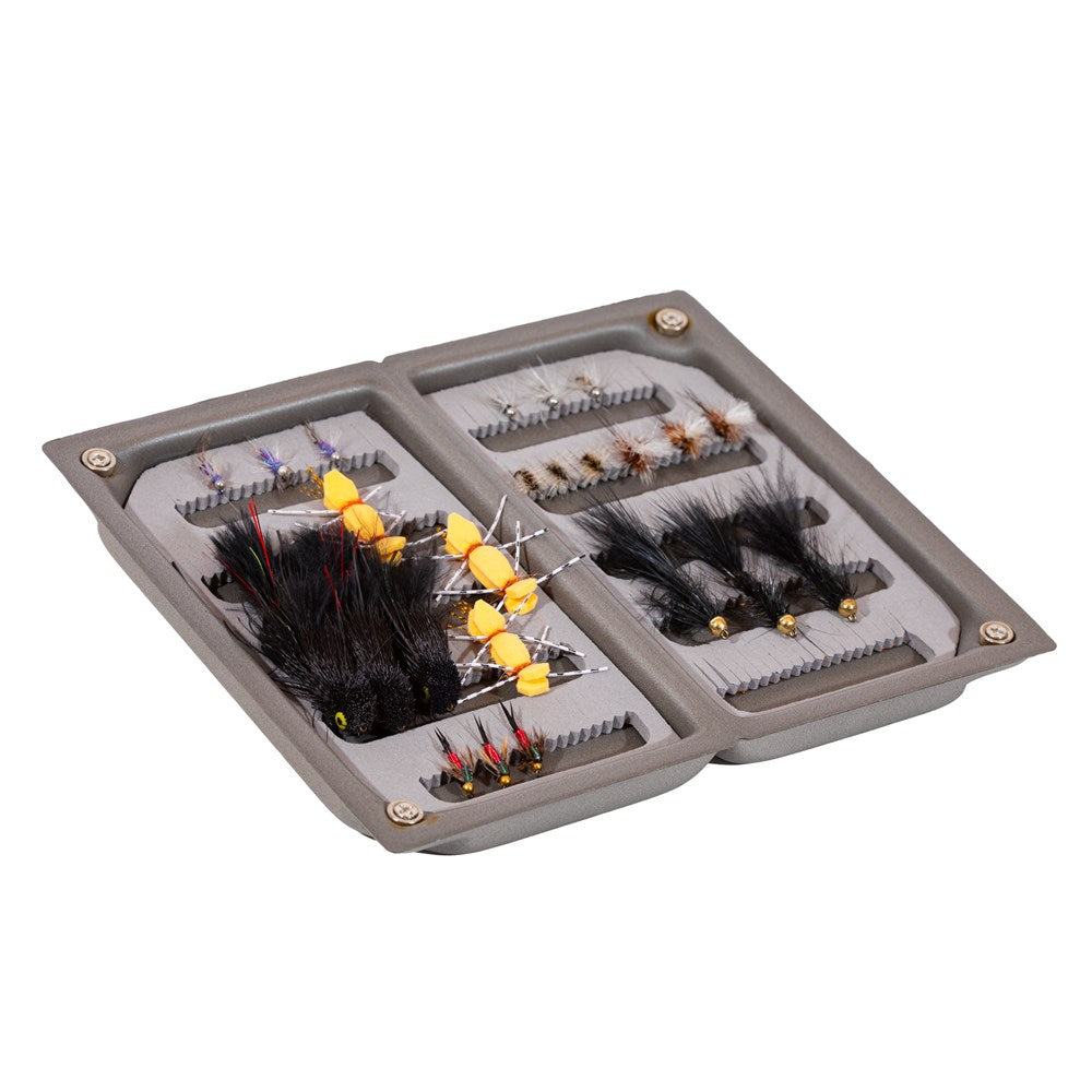 The Jackson Hole Fly Company JHFLYCO Snake River Guides Choice Fly Box, curated for Cutthroat Country, showcases assorted trout flies neatly arranged in foam—ideal for anglers seeking a premium, guide-approved set.