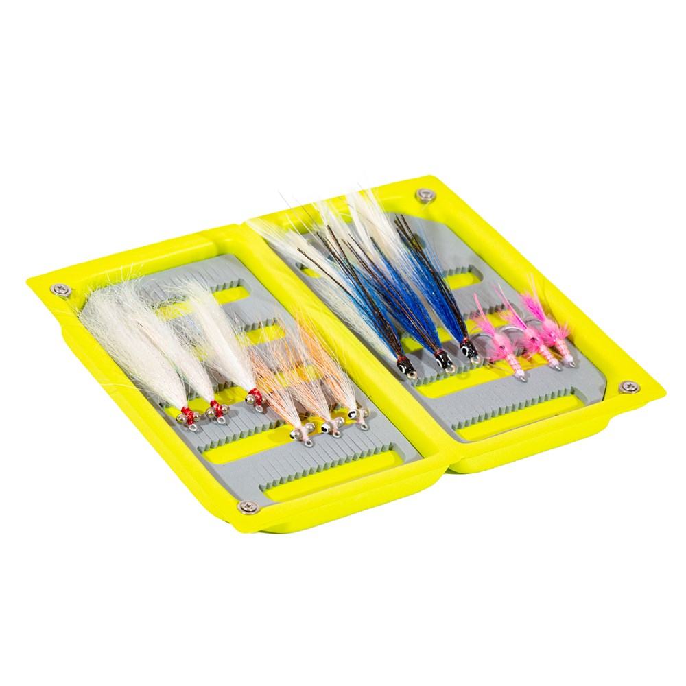 The Jackson Hole Fly Company JHFLYCO Snook Fly Box comes preloaded with assorted saltwater-ready, strike-triggering flies neatly arranged—ideal for fly fishing.