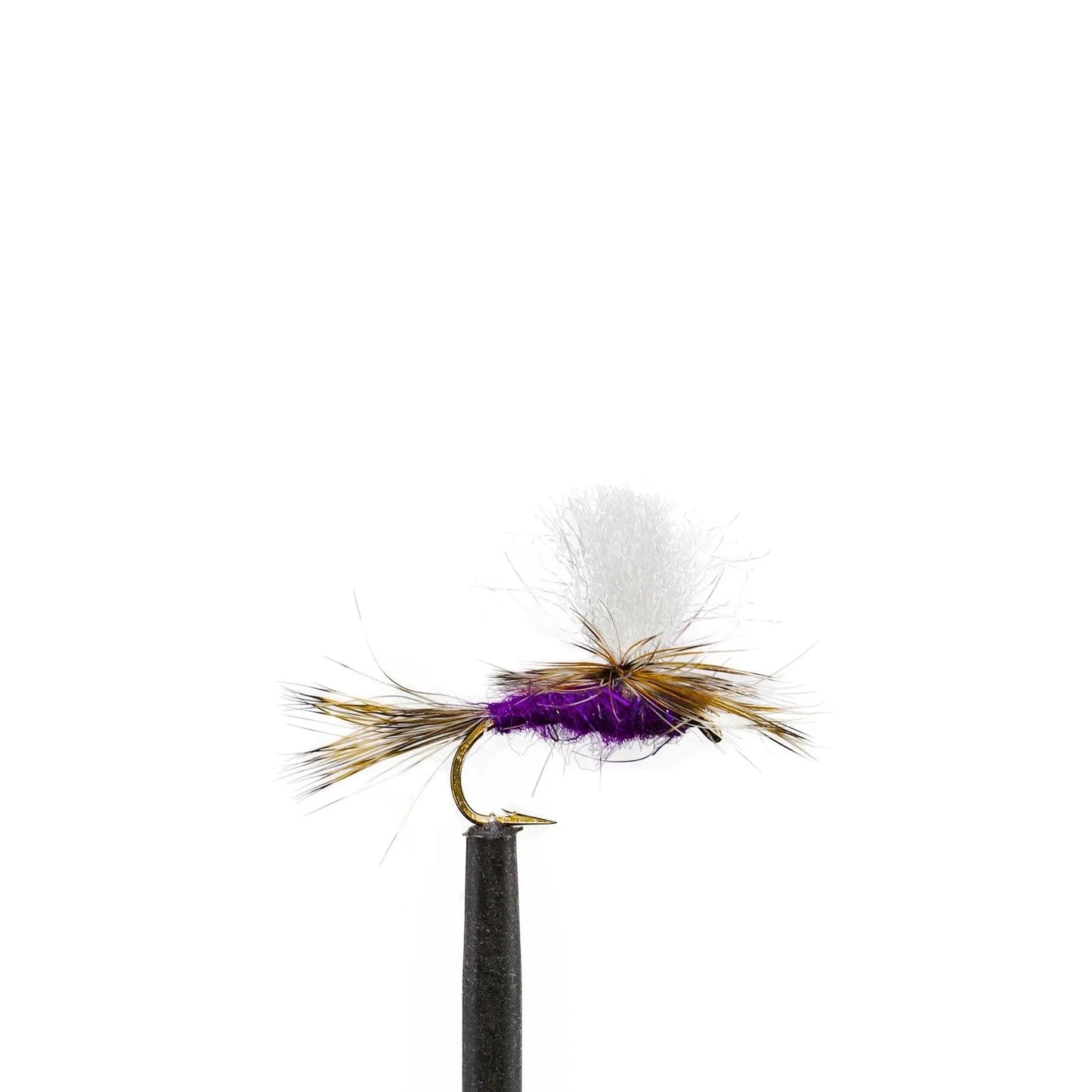 A close-up of a Jackson Hole Fly Company dry fly from the JHFLYCO Loaded Foam Fly Box—featuring a purple body, brown hackle, and white tuft—mounted on a hook against a plain white background.