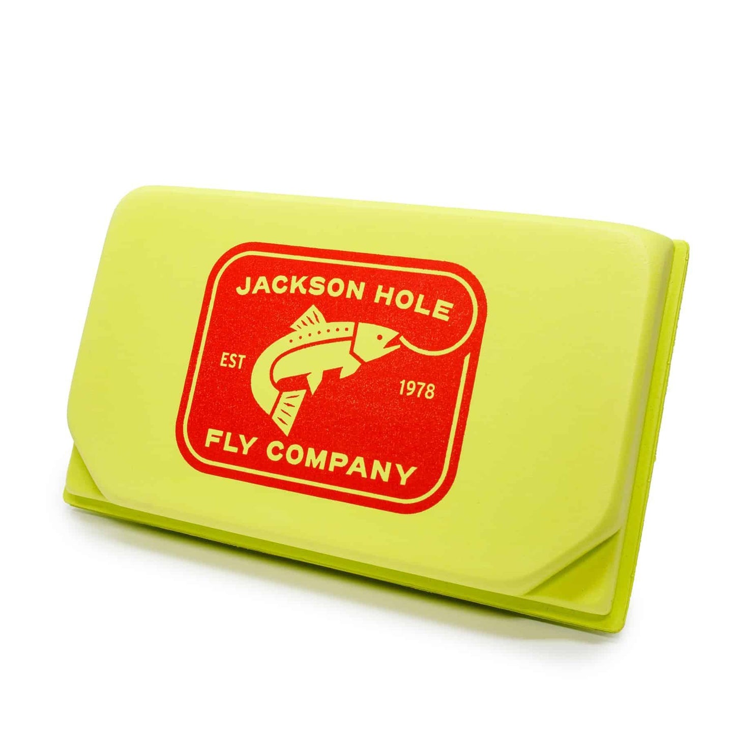 The Jackson Hole Fly Company JHFLYCO Loaded Foam Fly Box – Standard Dry Fly Assortment features a yellow case with a fish logo and is ideal for organizing your essential dry fly patterns and trout flies.
