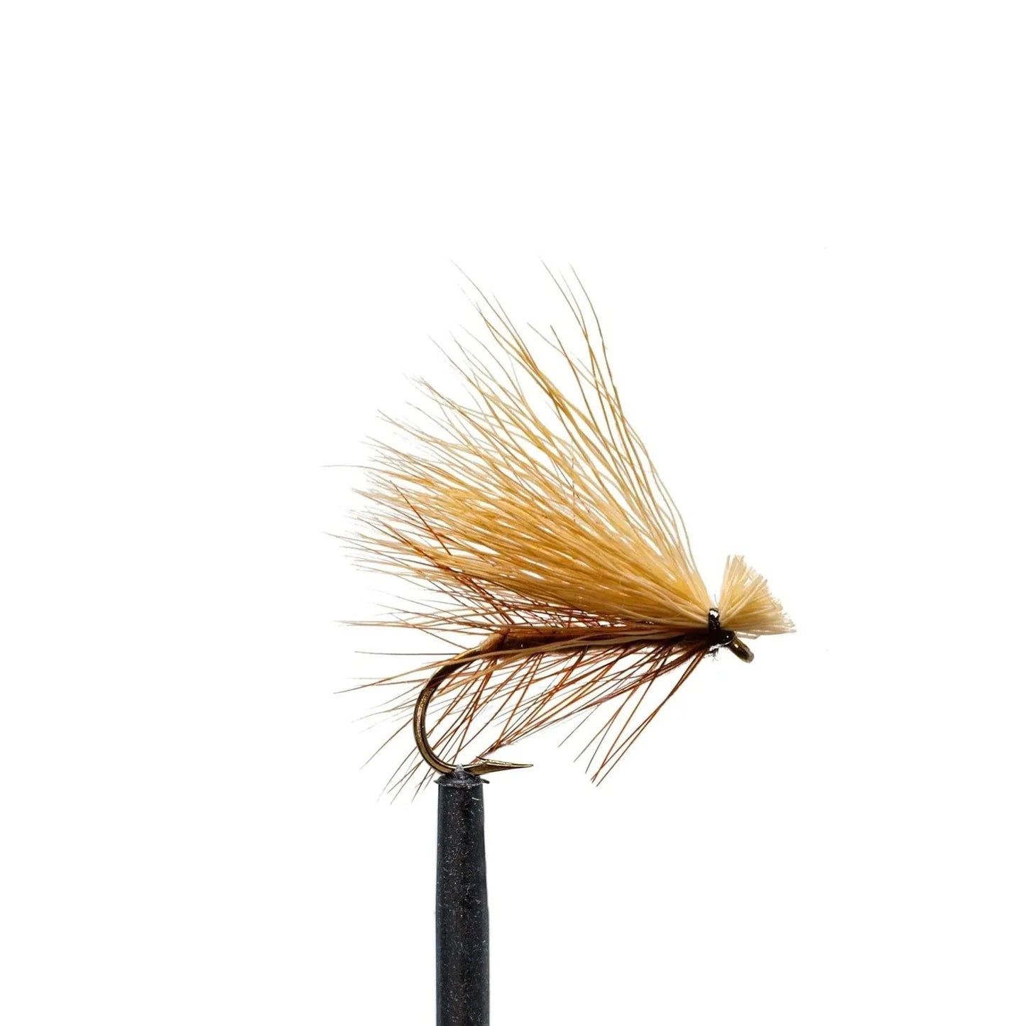 A close-up of a dry fishing fly from the JHFLYCO Loaded Foam Fly Box - Standard Dry Fly Assortment by Jackson Hole Fly Company, featuring brown and tan feathers on a hook—an ideal choice for any trout angler’s dry fly selection.