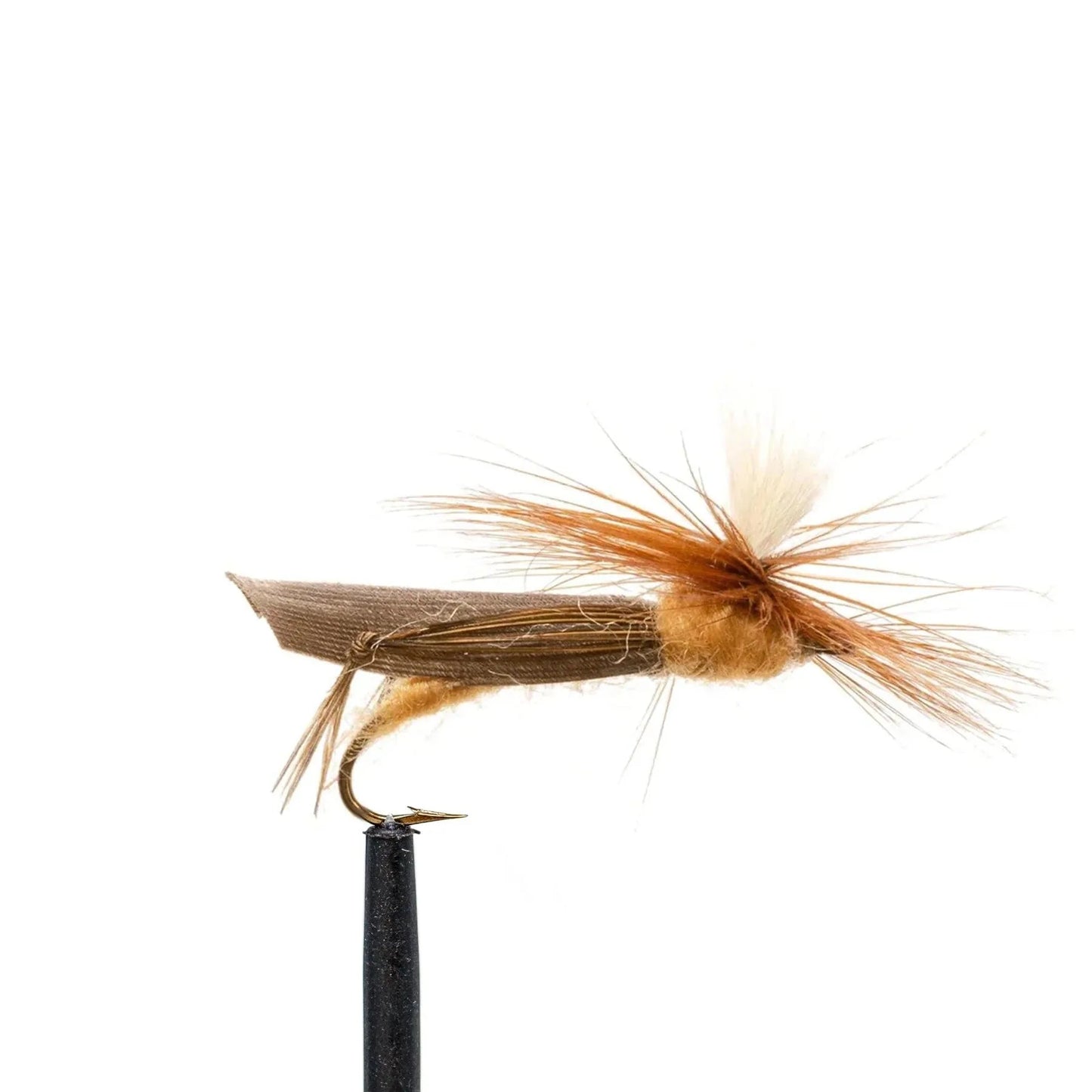 A close-up of a brown dry fly from the JHFLYCO Loaded Foam Fly Box by Jackson Hole Fly Company, featuring feather and fur details on a hook, perfect for your trout fly selection and shown against a white background.