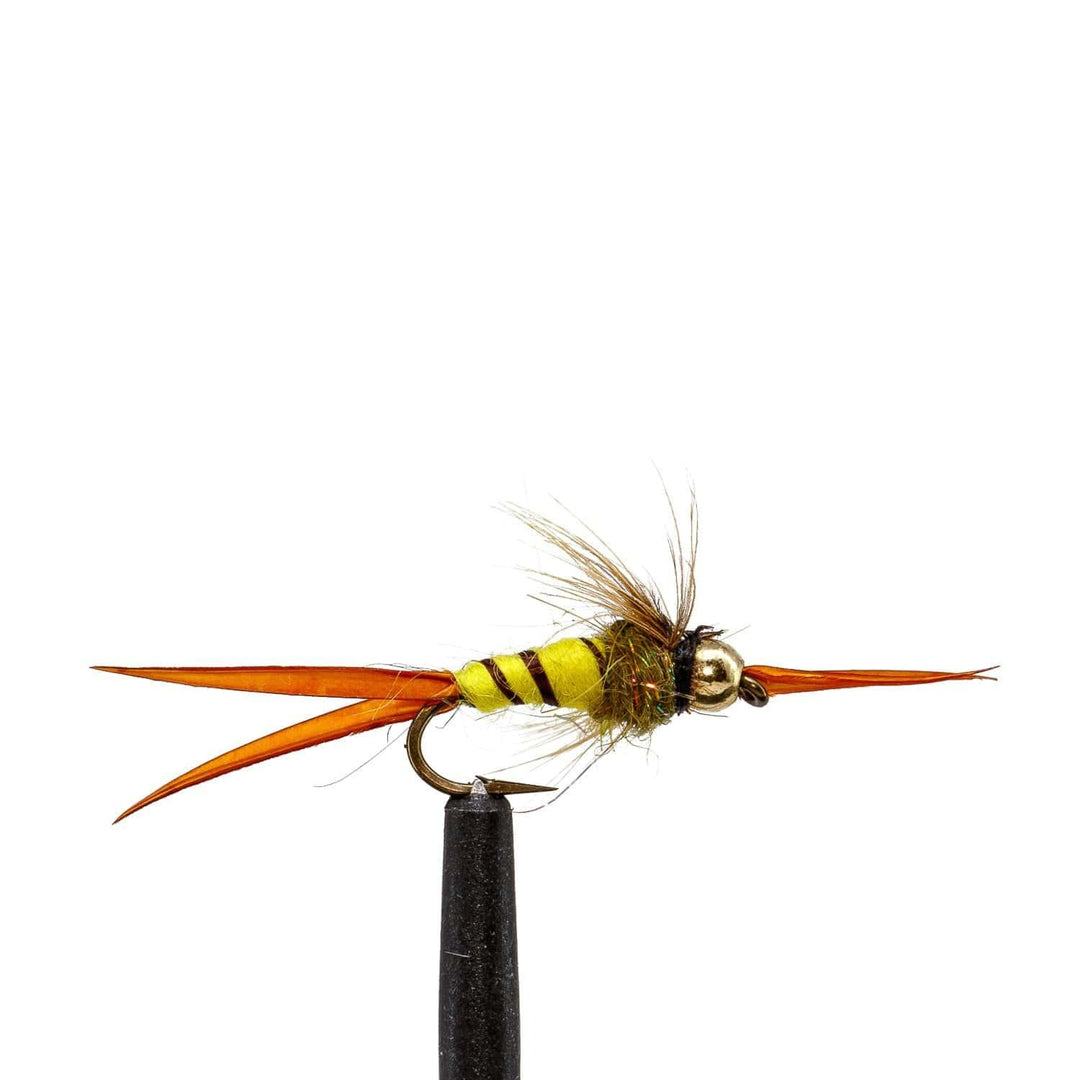 A close-up of a nymph from the Jackson Hole Fly Company JHFLYCO Loaded Foam Fly Box – Standard Nymph Assortment, featuring orange tails, a yellow and brown striped body, gold bead head, and black hook against a white background.