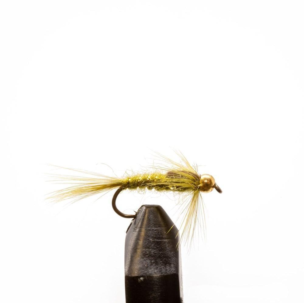 A gold and olive nymph fly from the Jackson Hole Fly Company’s JHFLYCO Loaded Foam Fly Box – Standard Nymph Assortment is secured in a black vise against a plain white background.