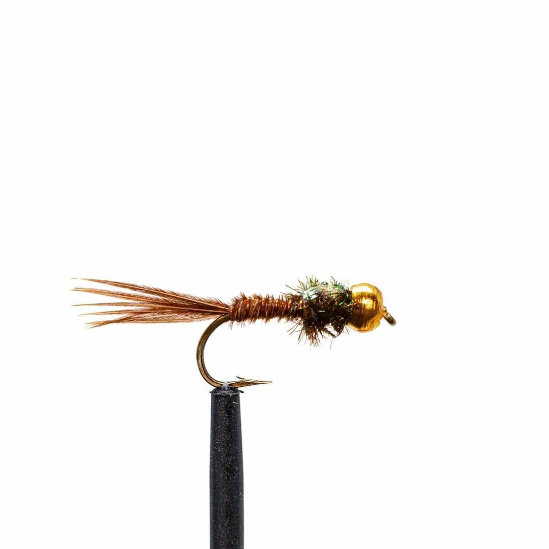 A detailed trout nymph fly with a gold bead head, brown tail, and brown body—ideal for the Jackson Hole Fly Company JHFLYCO Loaded Foam Fly Box – Standard Nymph Assortment. Perfect addition to your organized fly collection.