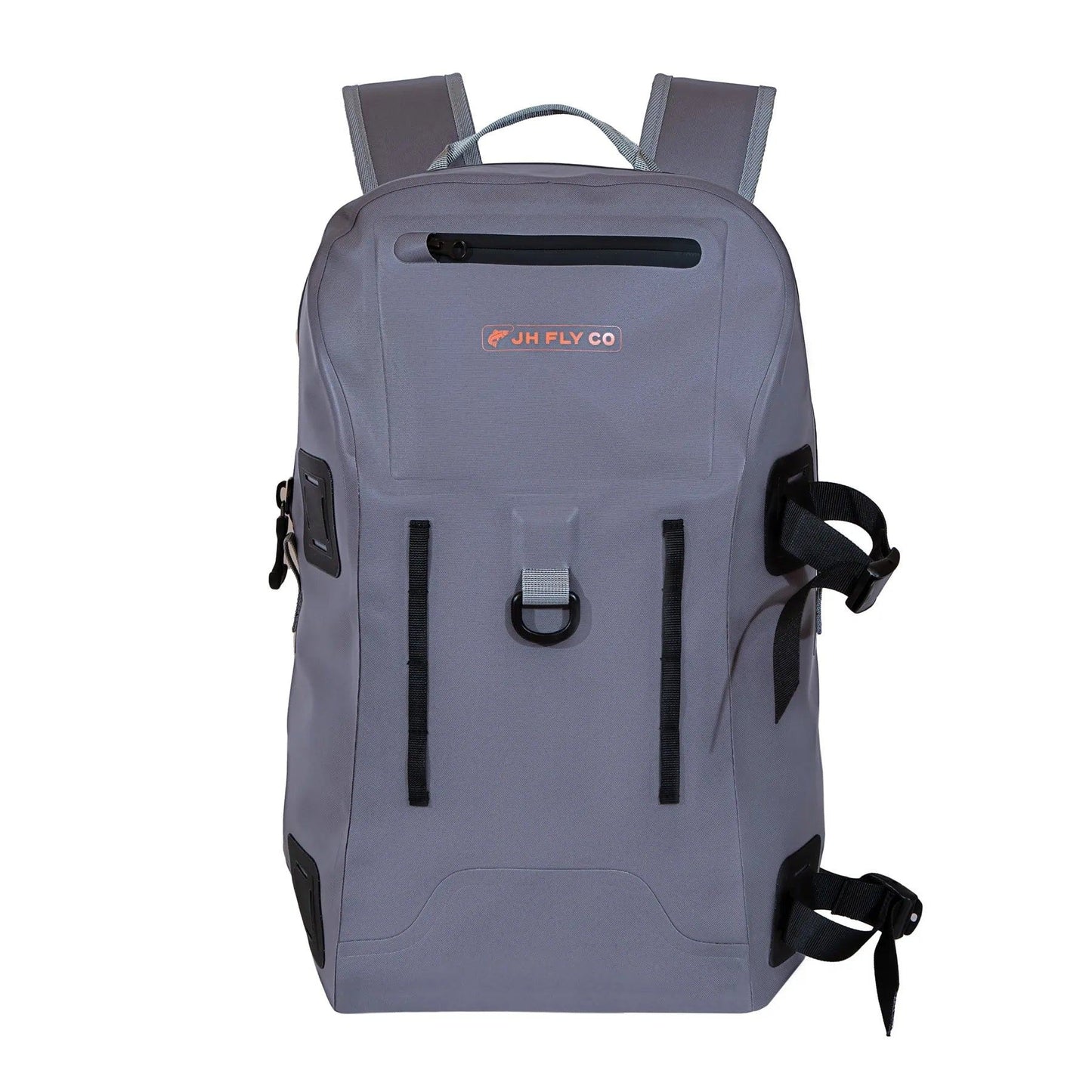 The JHFLYCO 27L Waterproof Backpack by Jackson Hole Fly Company features gray 500D PVC, black straps, a TIZIP front pocket, orange JH FLY CO logo, and multiple side and front attachment points—ready for the wild.